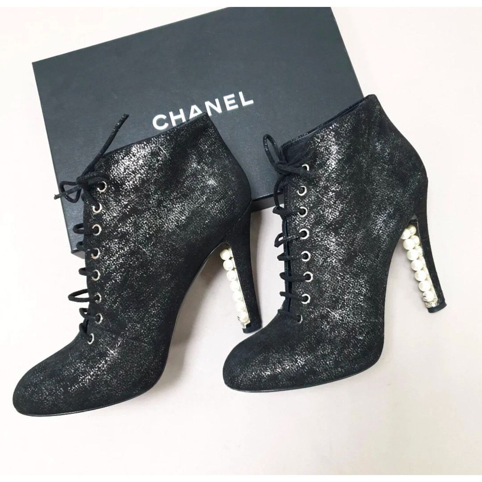 Chanel Suede Pearl Heel Shoes Lace Up Ankle Boots Booties Sz.41,5, Women's (Size 10.5)