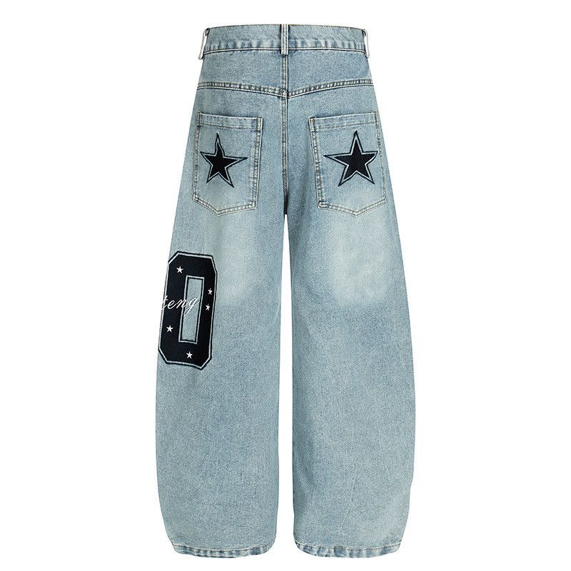 Vintage star embroidered distressed washed curved jeans