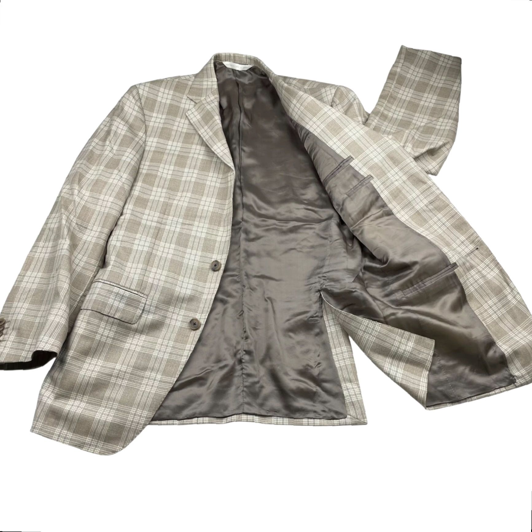 Vintage Samuelsohn Men’s Bespoke Blazer Jacket Beige/Gray Plaid 2-Button Front 38R Wool Super 120’s Canada Vintage No Size 38R - 3 Thumbnail