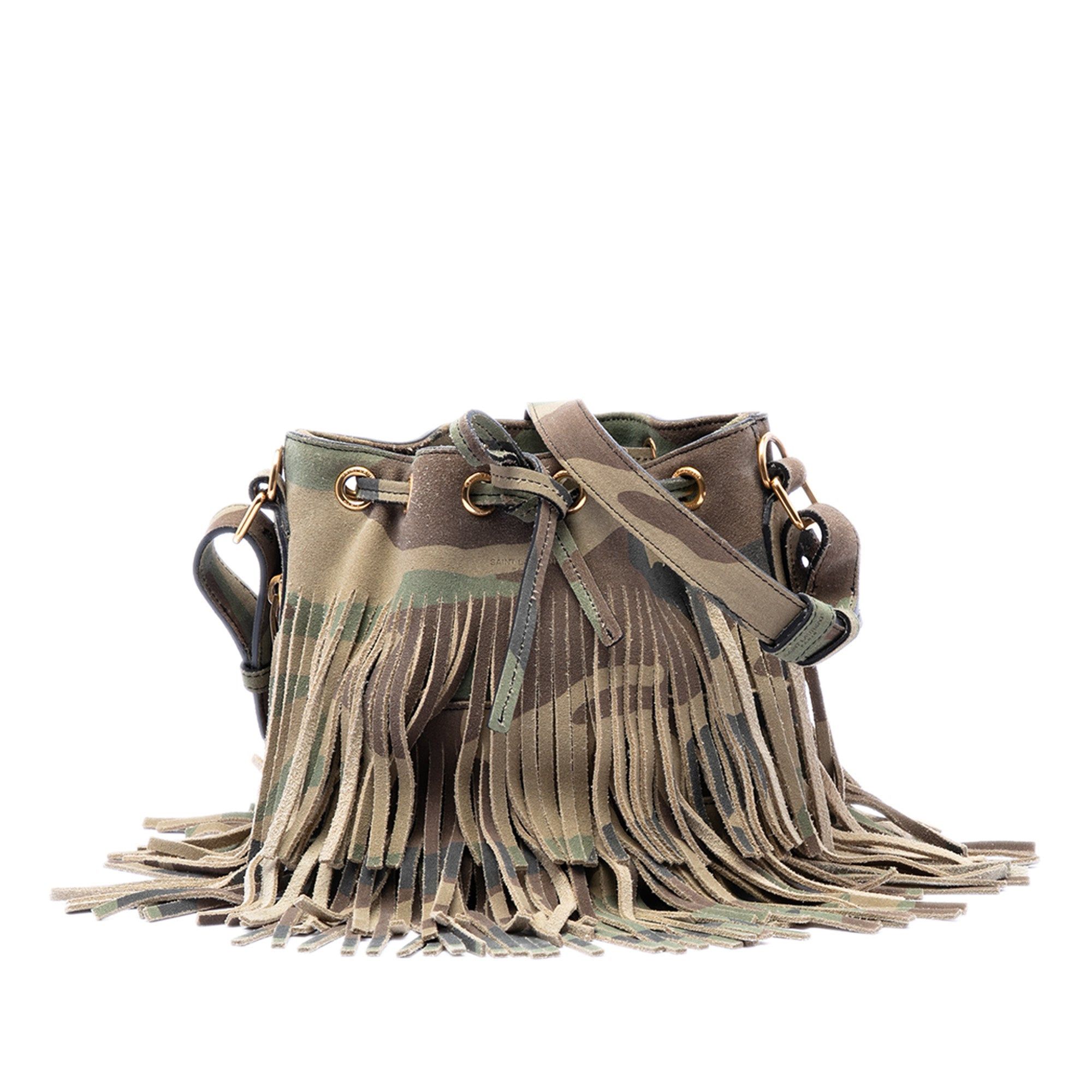 Saint Laurent Paris Small Camouflage Print Suede Emmanuelle Fringe Bucket Bag Size ONE SIZE - 1 Thumbnail