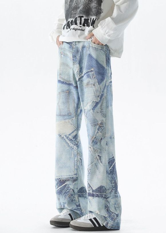 Japanese Brand Wide-leg men's loose blue printed American baggy jeans Size US 32 / EU 48 - 2 Thumbnail