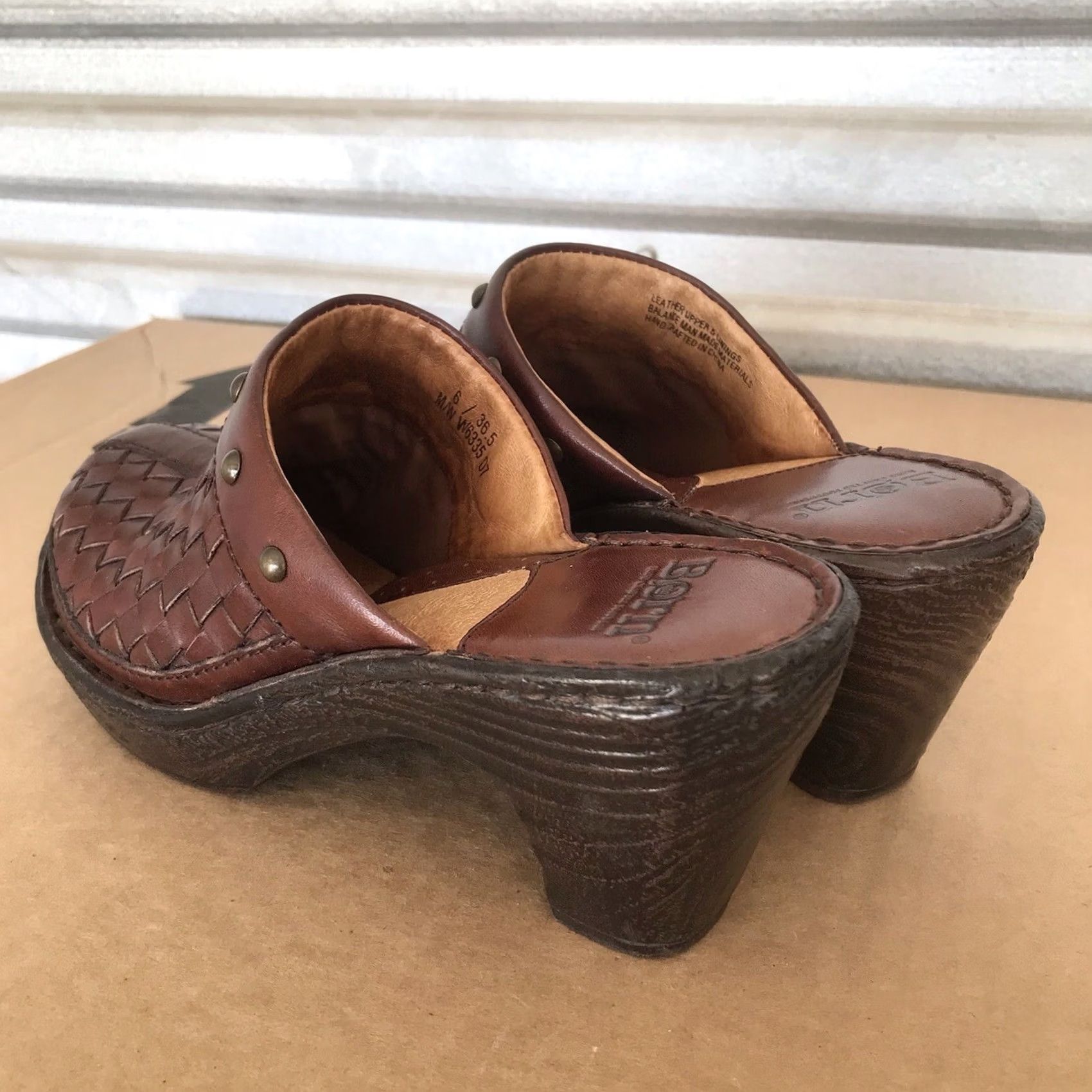 Born Børn Brown Leather Woven Studded Wedge Slip-On Comfort Heels Mules Clogs Shoes 6 M Womens Shoes Size US 6 / IT 36 - 3 Thumbnail