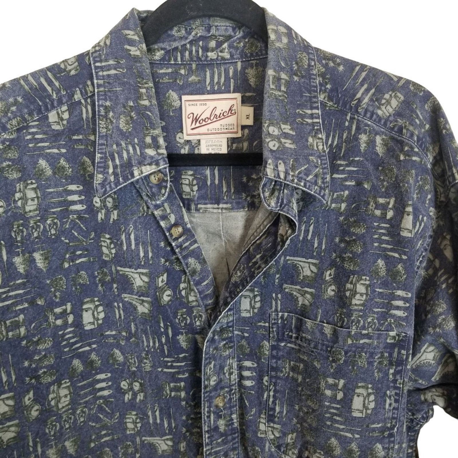 Woolrich Woolen Mills Vintage Woolrich Mens Denim Shirt All Over Print Hiking Camp Size US XL / EU 56 / 4 - 2 Thumbnail