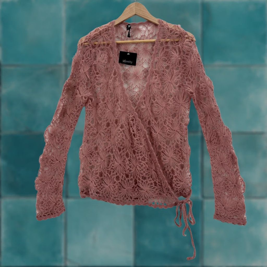 Lord & Taylor LORD & TAYLOR Wrap Sweater Womens L Pink Mohair Crochet Floral NWT Fashion Knit Open-Knit V-Neck Belted Picot NWT Size L / US 10 / IT 46 - 1 Thumbnail