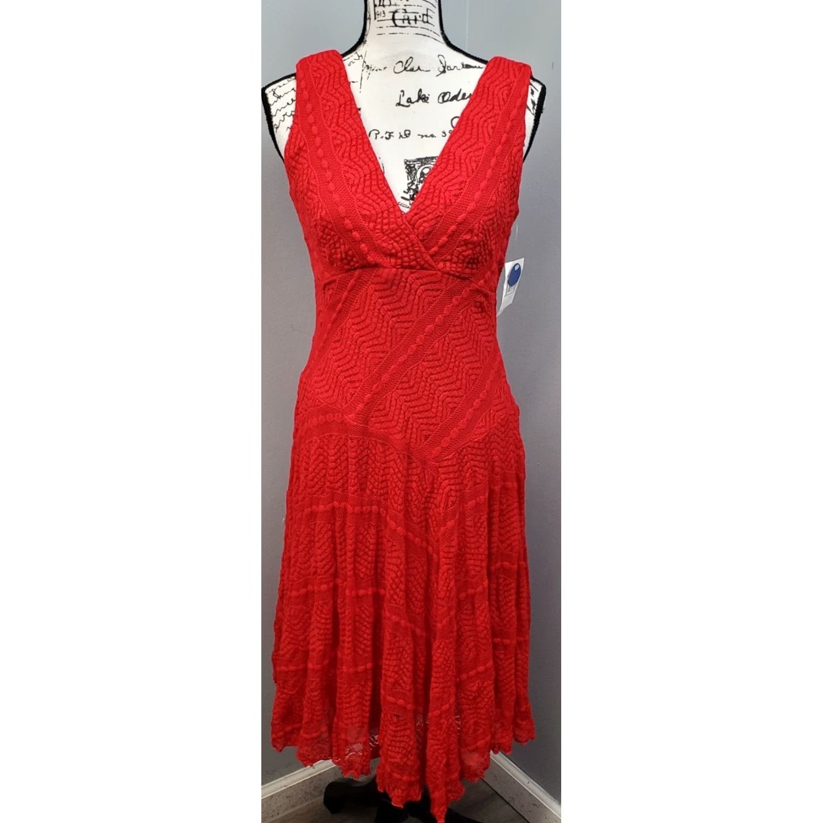 Vintage Rabbit Designs Midi Dress Womens 4 Red Lace Overlay Surplice V Neck Swing Hem Dress Size S / US 4 / IT 40 - 2 Thumbnail