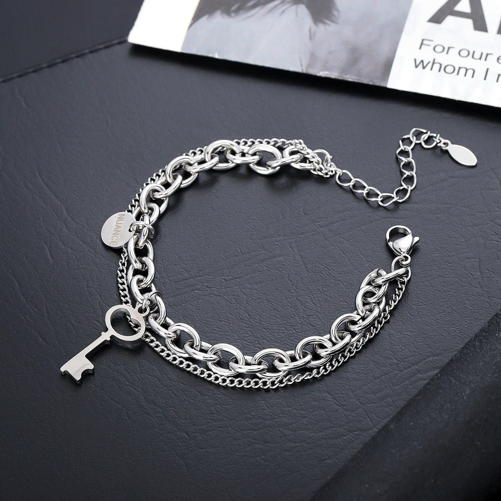 Jewelry Silver Double Chain Key Charm Bracelet, Layered Bracelet Size ONE SIZE - 4 Thumbnail