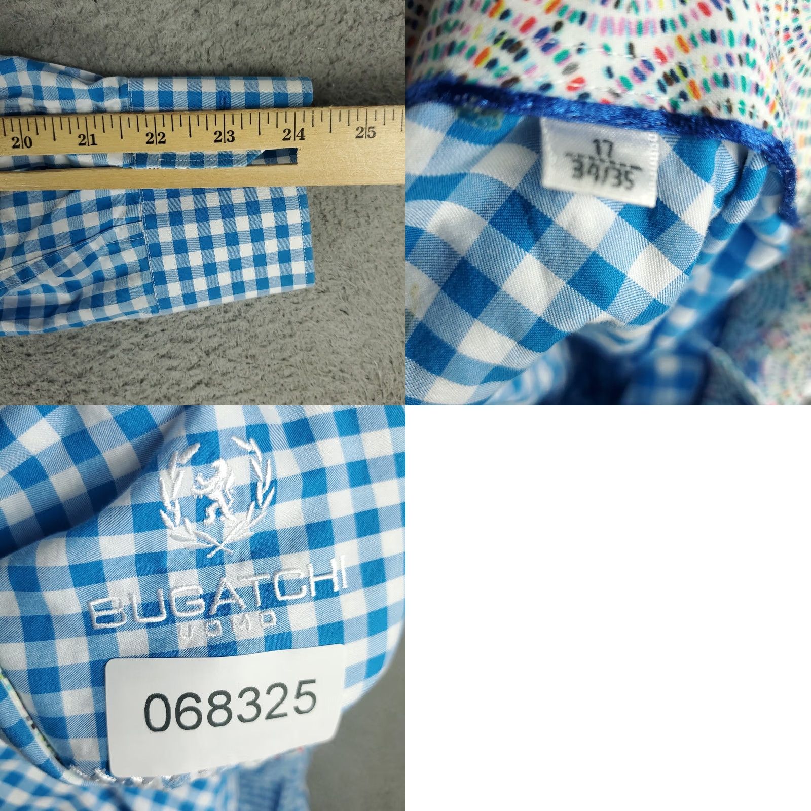 BUGATCHI Bugatchi Uomo Dress Shirt Mens Blue Check Long Sleeve Button Up Size 17 Size 46R - 8 Thumbnail