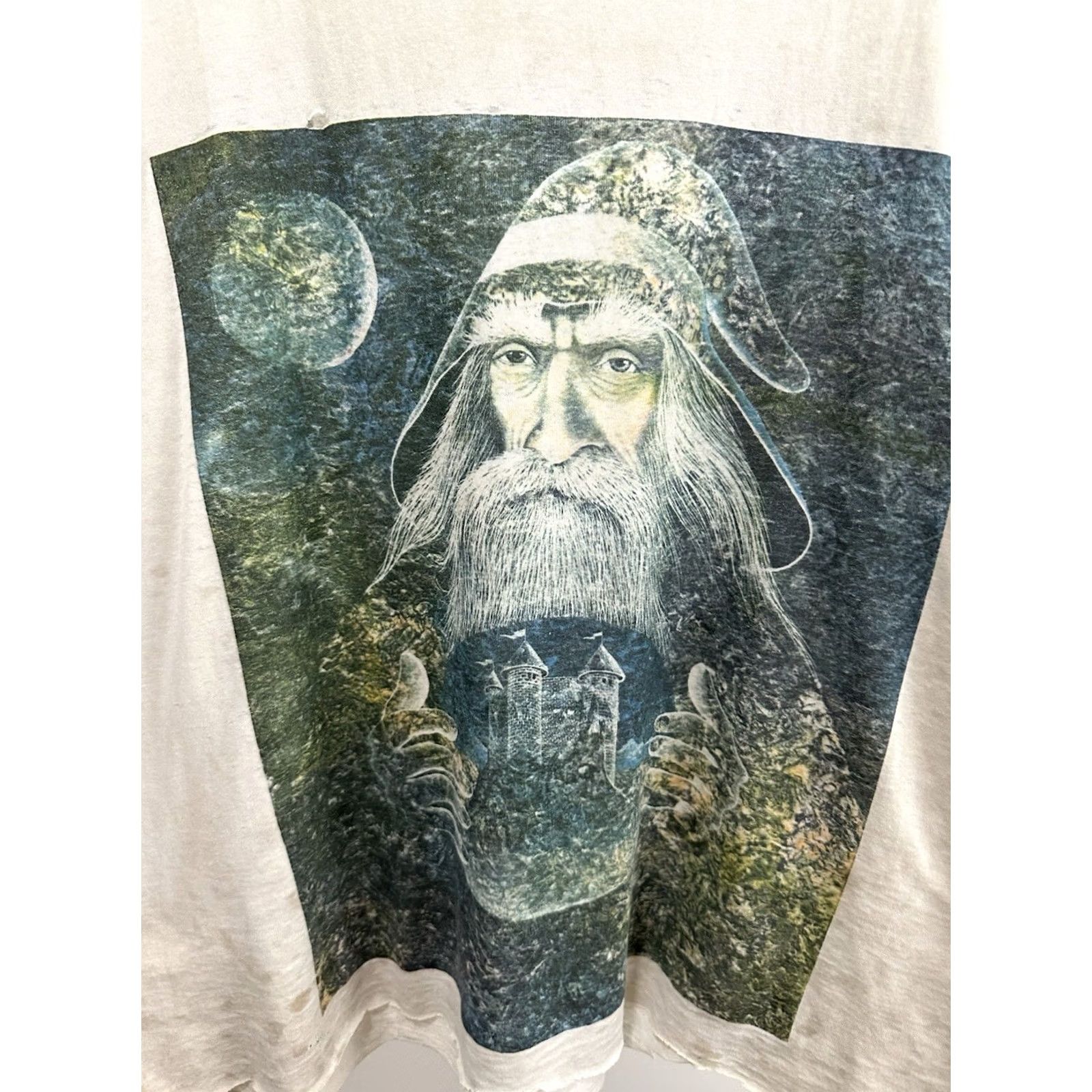Vintage VTG Wizard Gandalf Renaissance Festival Paper Thin Burnout Worn Boxy T-Shirt XL Cream Mens Short Sleeve Cropped Distressed 90s Theme Shirt Size US XL / EU 56 / 4 - 3 Thumbnail