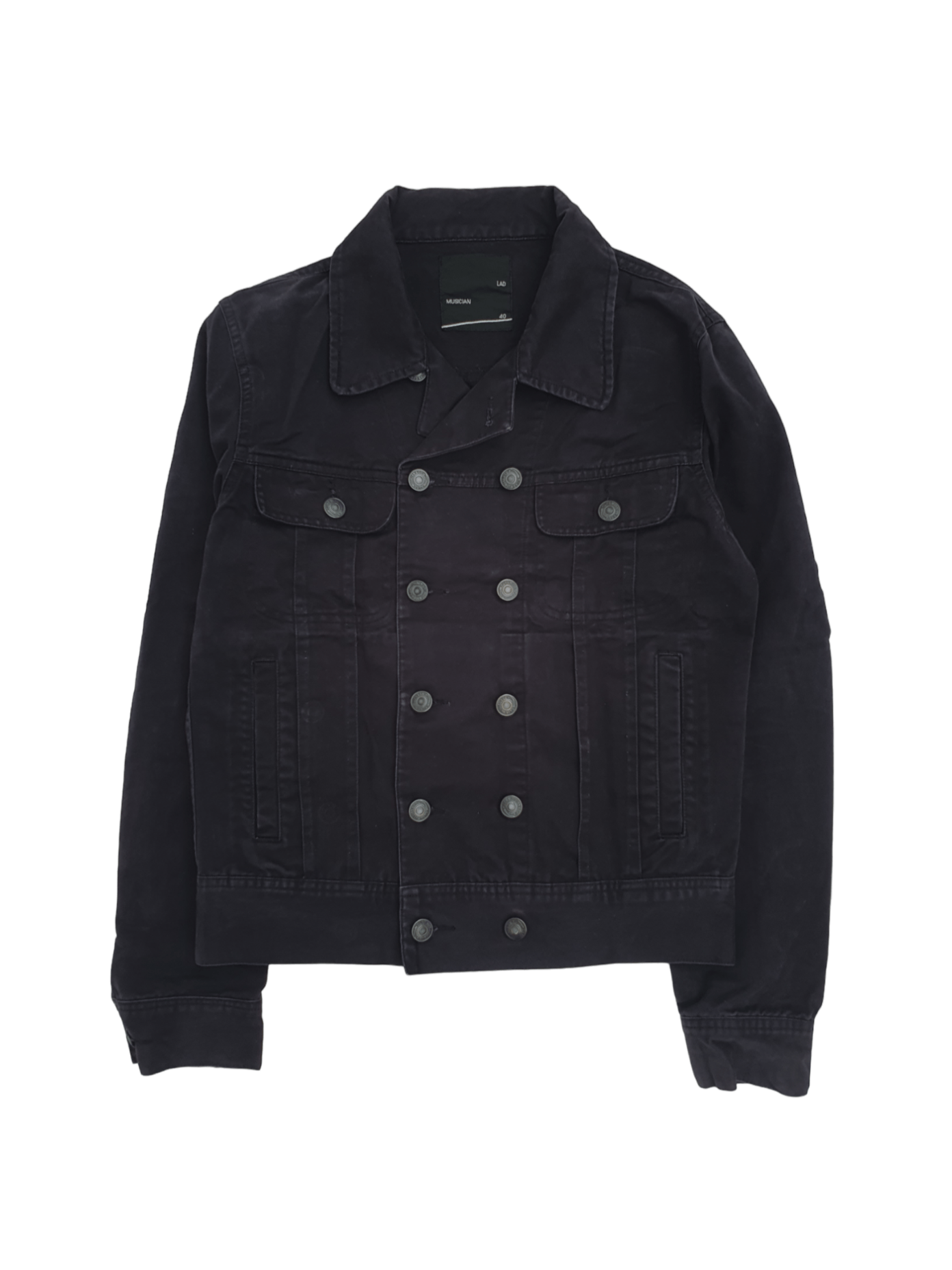 image of Archival Clothing x Avant Garde Lad Musician Double Breasted Trucker Jacket in Black (Size Medium)