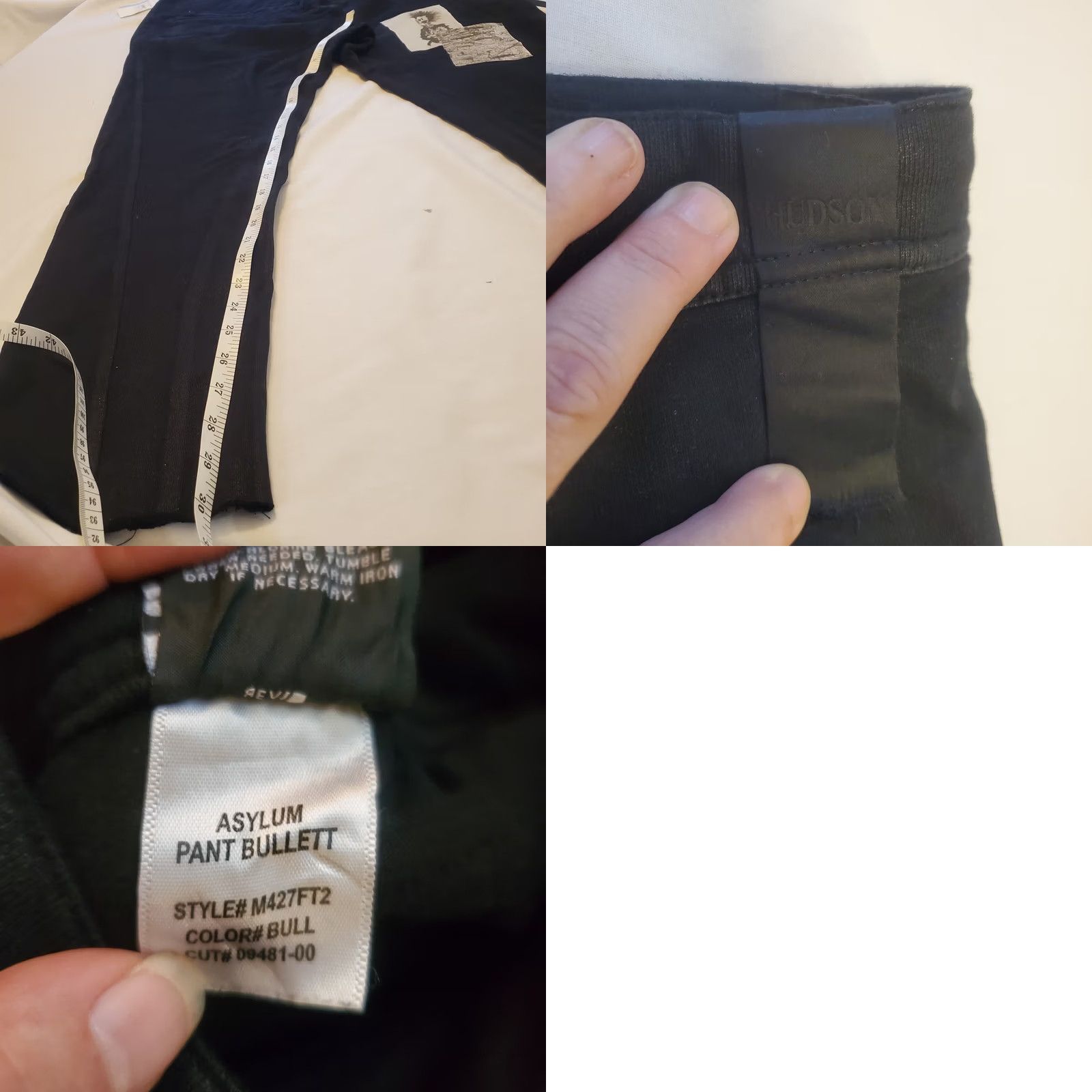 Hudson Hudson Asylum Mens L/XL Pants Punk Grunge Bias Front Patches NWT Black Cotton Blend Sl ash Pocket Ankle 30in 4 Season Size US 33 - 9 Thumbnail