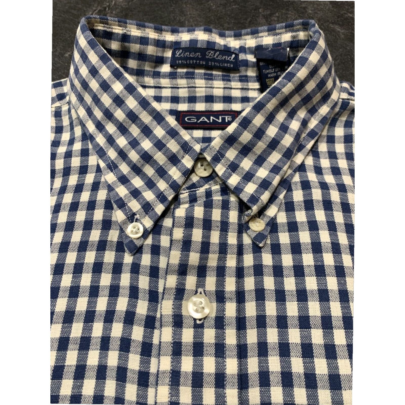 Gant GANT Mens Large Linen Blend Button Down Short Sleeve Blue Plaid Shirt Size US L / EU 52-54 / 3 - 5 Thumbnail