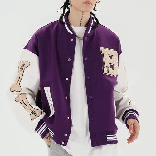 image of Vintage Bone Patchwork Varsity Jacket in Purple, Men's (Size Large)