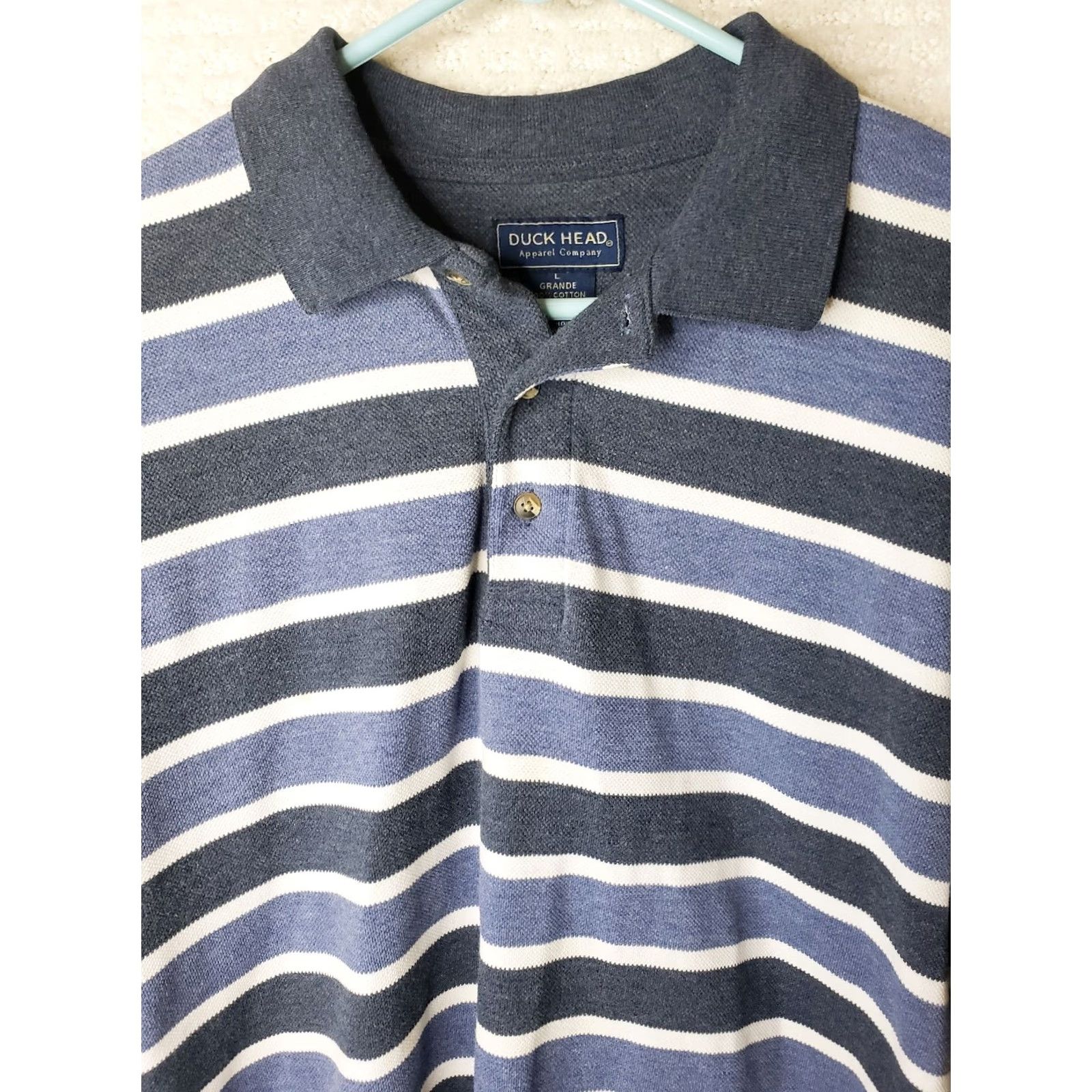 Vintage VINTAGE Duck Head Polo Shirt Men Large Blue Striped Short Sleeve 100% Cotton Embroidered Logo Button Collar Casual Golf Rugby Walking Size US L / EU 52-54 / 3 - 3 Thumbnail