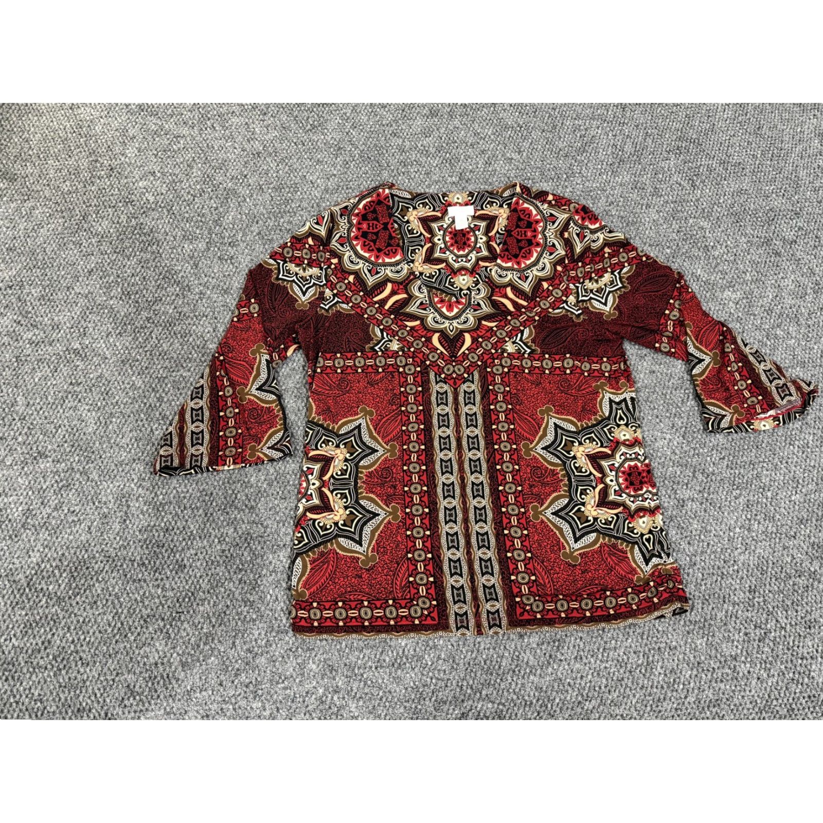 Vintage Chicos Shirt Womens 2 Red Geometric Scoop Neck 3/4 Sleeve Tunic Top Boho Size XS / US 0-2 / IT 36-38 - 2 Thumbnail