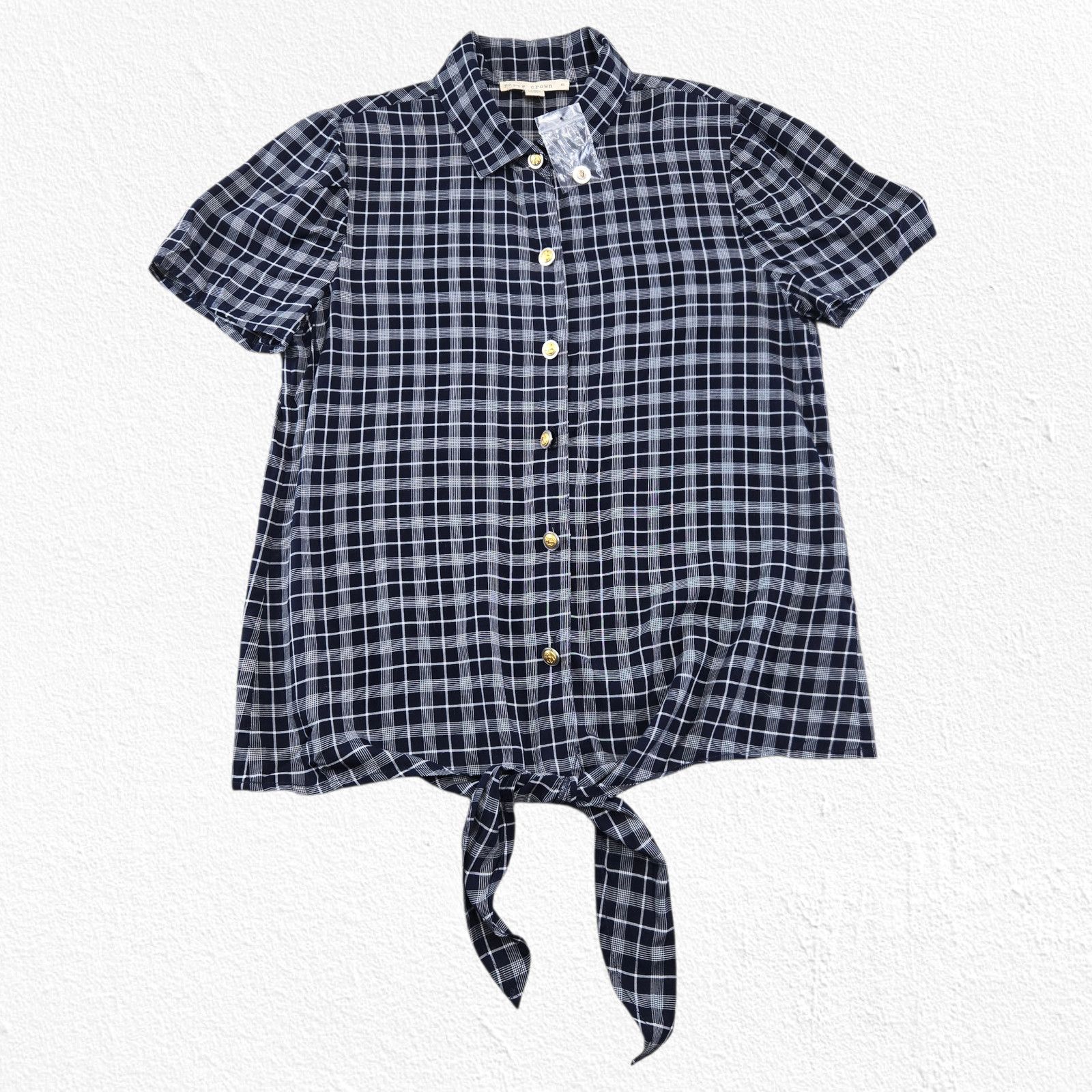 Other Paper Crown Navy Plaid Tie-Front Short Sleeve Top Size XS Size XS / US 0-2 / IT 36-38 - 3 Thumbnail