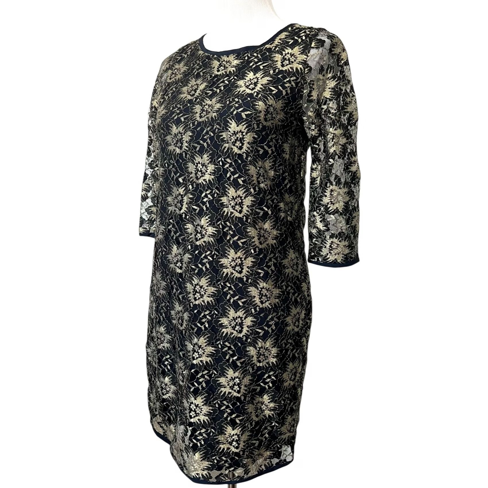 Vintage Sam & Lavi Shift Dress Sheer Lace Overlay Navy & Metallic Gold Party Glam XS Dress Women Short 3/4 Sleeve Vintage No Size XS / US 0-2 / IT 36-38 - 3 Thumbnail