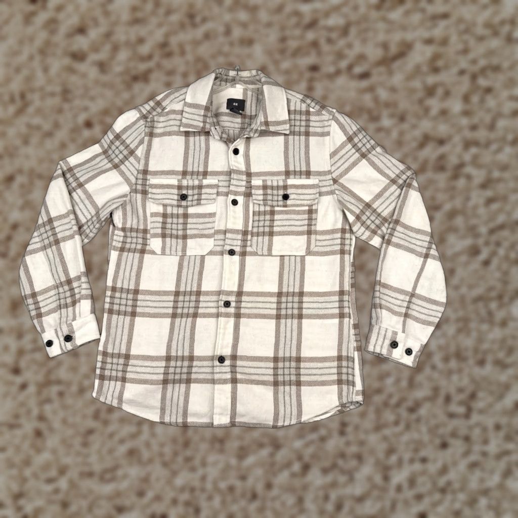 H&M H&M Shirt Men Medium Beige White Plaid Flannel Poly Wool Blend Button Up Pockets Shirt Size US M / EU 48-50 / 2 - 1 Thumbnail