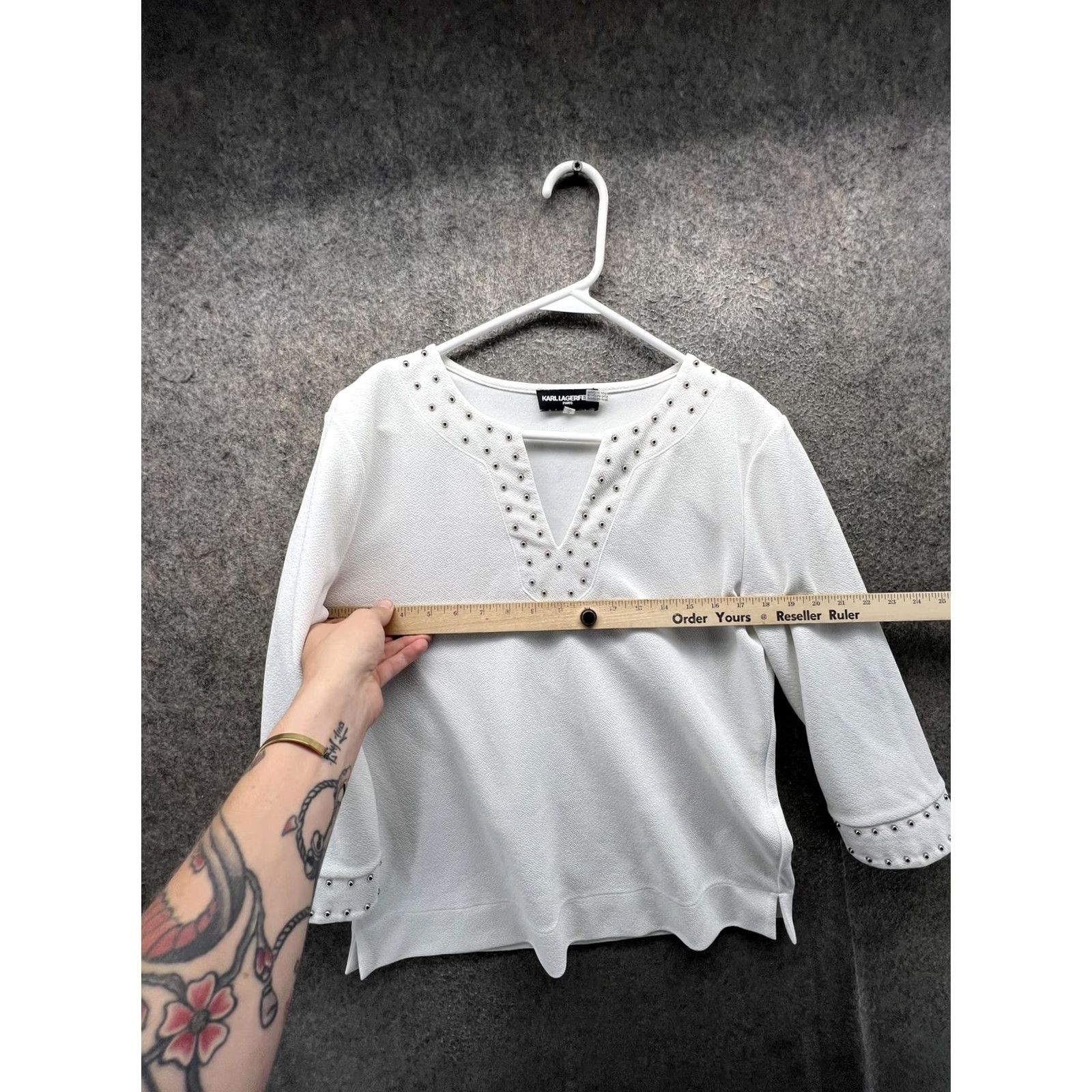 Karl Lagerfeld Karl Lagerfeld Paris Blouse Womens Small White Studded V Neck 3/4 Sleeve Top Size S / US 4 / IT 40 - 3 Thumbnail
