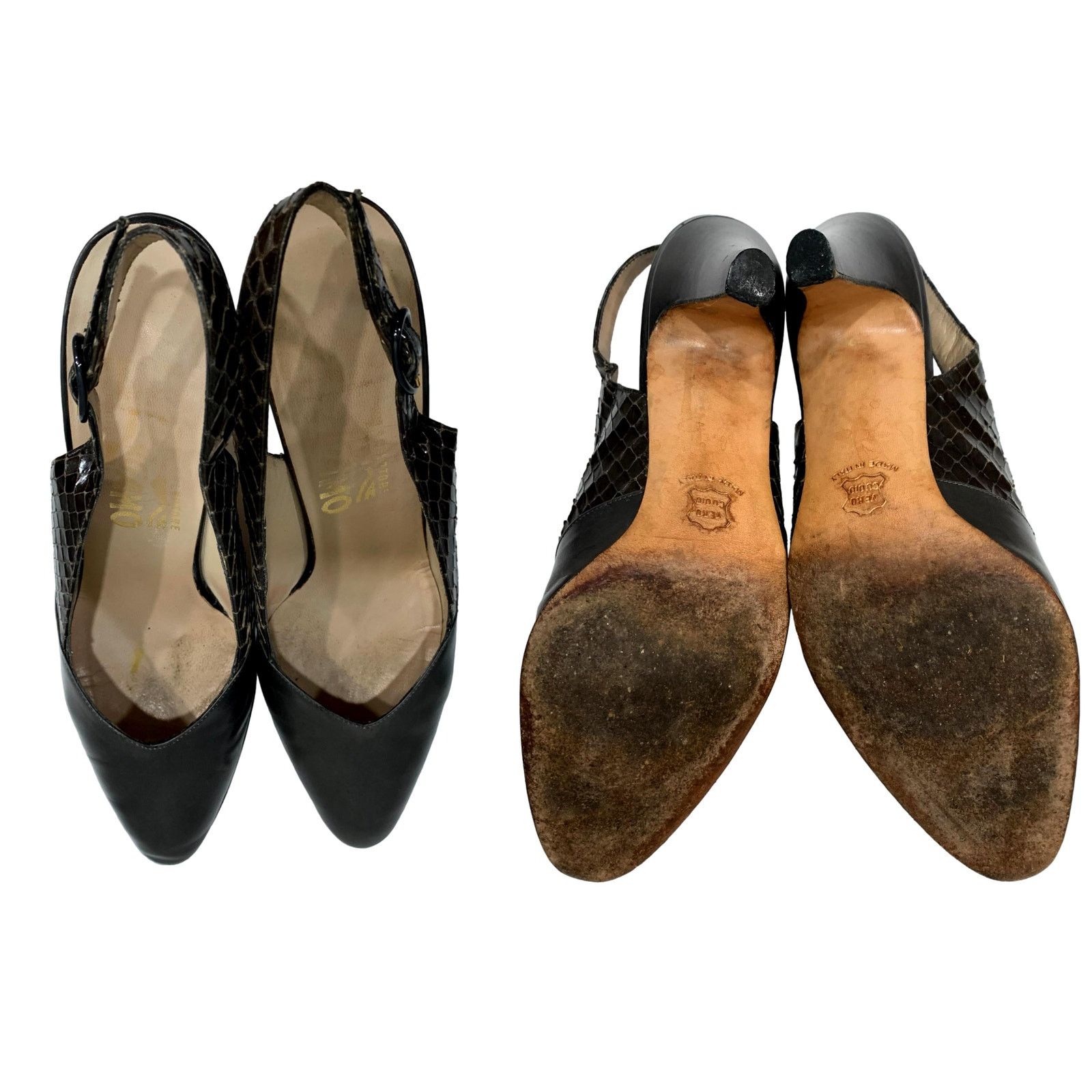 Genuine Leather × Salvatore Ferragamo × Vintage Vintage Ferragamo Dark Gray Leather & Snake Sling Backs | 6 Size US 6 / IT 36 - 7 Thumbnail