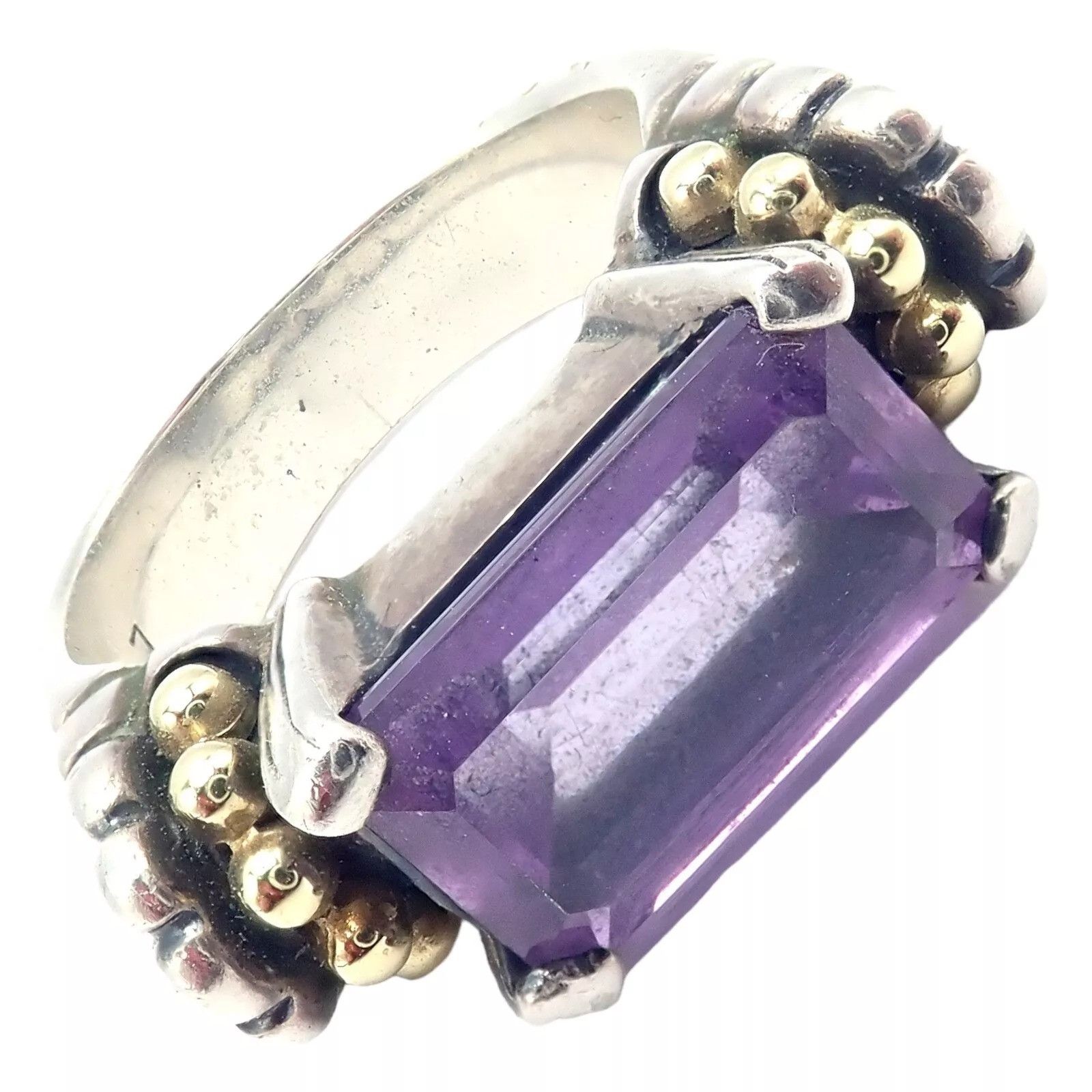 Vintage Lagos Caviar Silver + 18k Yellow Gold Amethyst Ring Size ONE SIZE - 1 Thumbnail