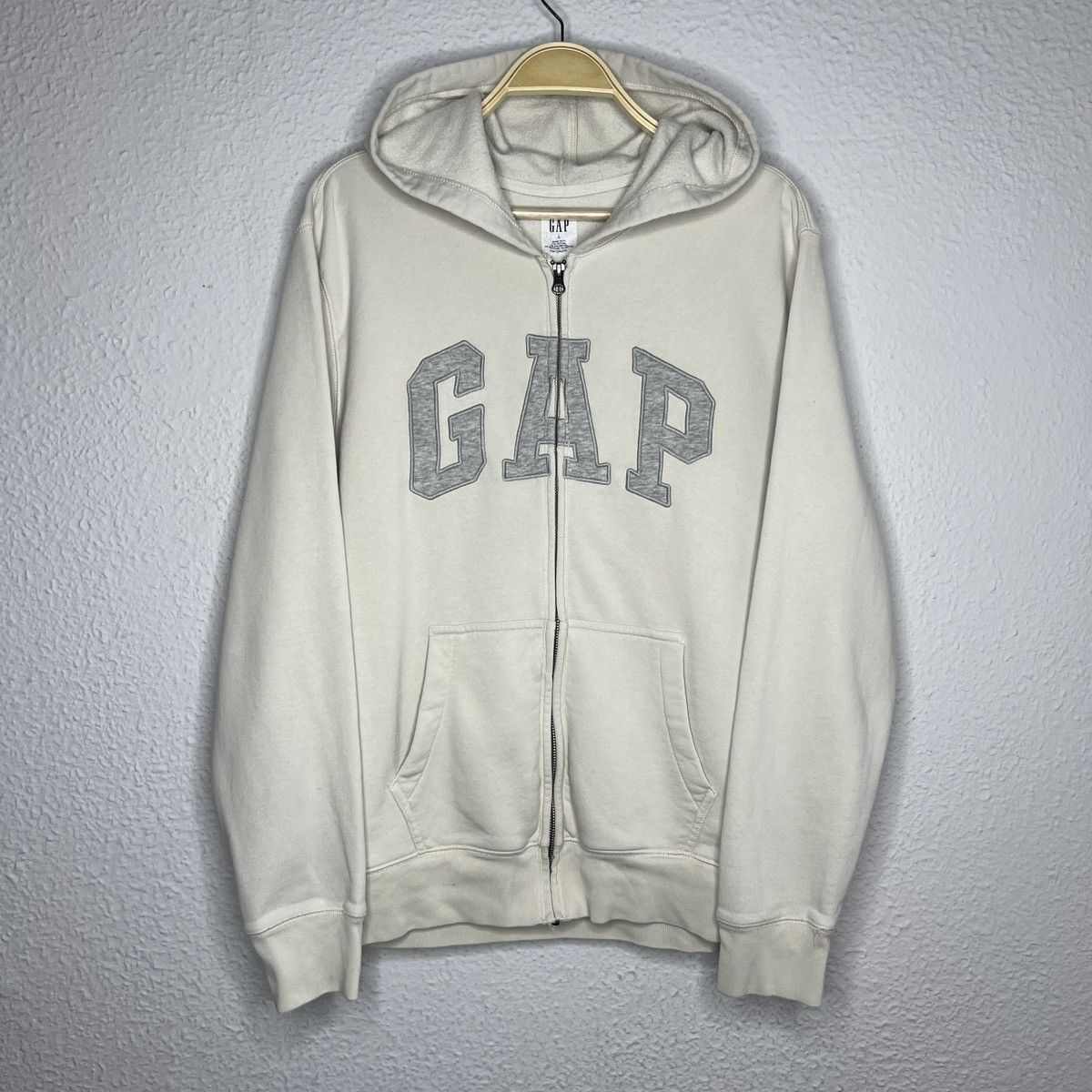Pre-owned Gap X Vintage Y2k Gap Beige Zip Up Hoodie Sweatshirt Spellout Logo