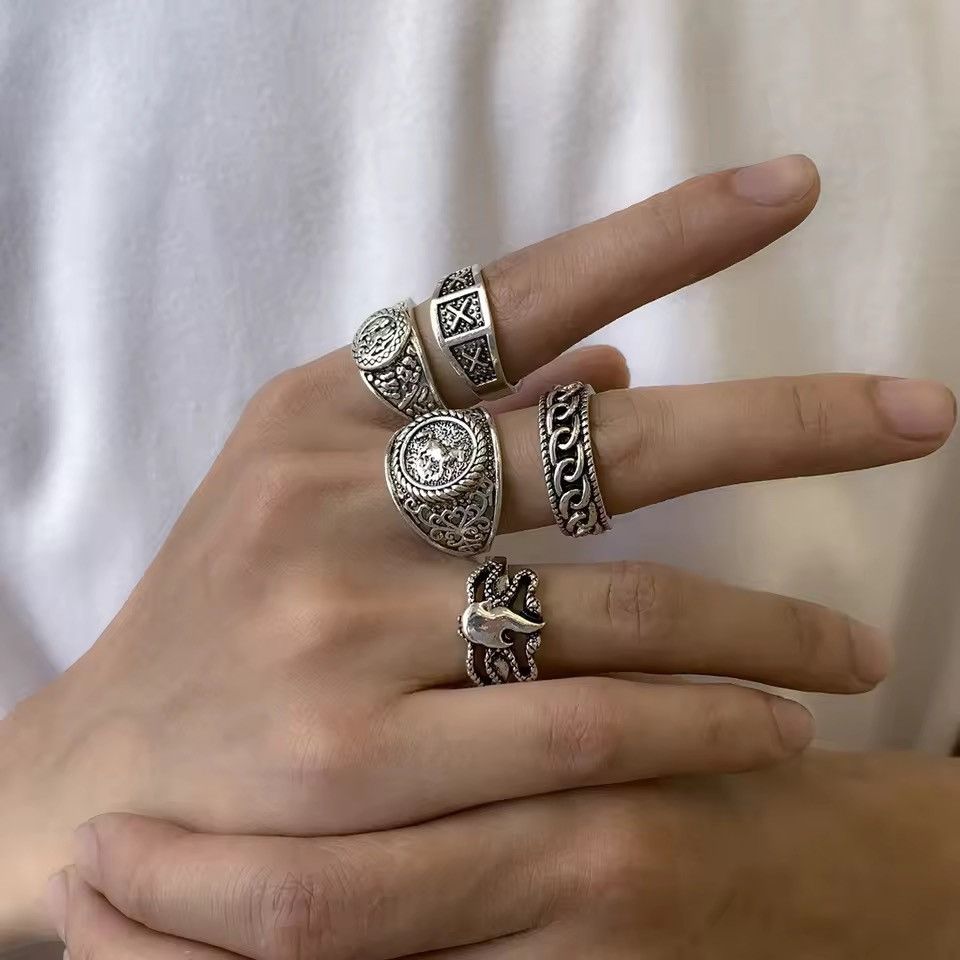 Jewelry 5Pcs/Set Goth Totem Horse Flame Antique Silver Color Ring Size ONE SIZE - 2 Thumbnail