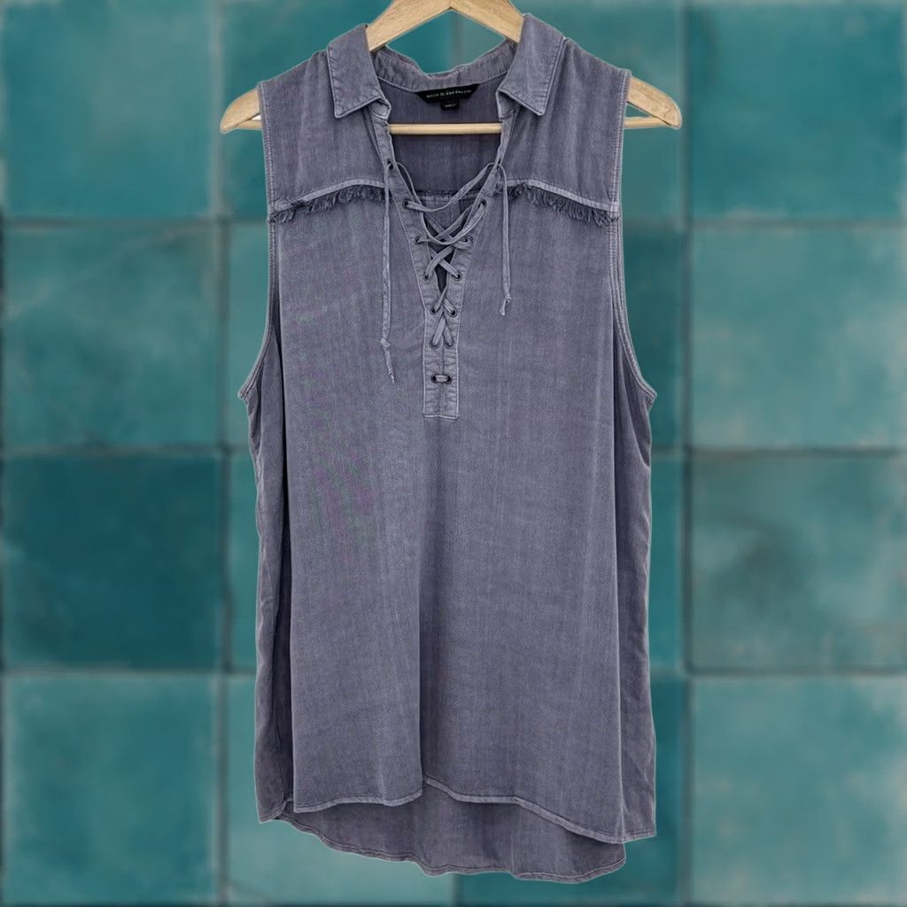Vintage Rock & Republic Blouse Sleeveless Lace Up Neck Fringe Sz L Western Boho Blue Womens Size L / US 10 / IT 46 - 1 Thumbnail