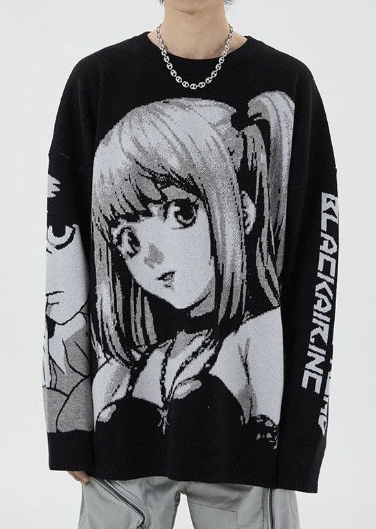 image of Vintage Avant Garde Cartoon Anime Knit Sweater Pullover Knitwearr in Black, Men's (Size 2XL)