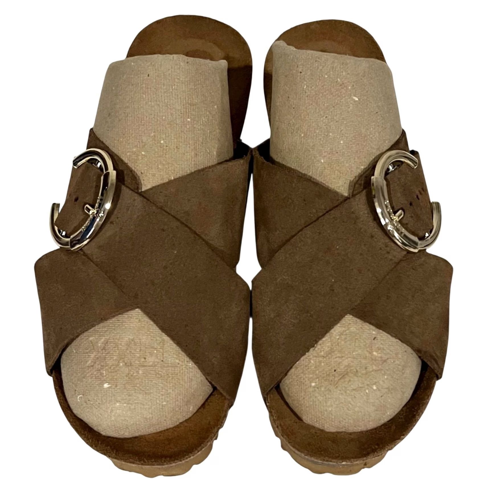 Vintage Yokono Suede Cross Strap Sandals Cork Soles Made In Spain Tan Brown Women 7.5 Slip On Slide Shoes Womens Size US 8 / IT 38 - 3 Thumbnail