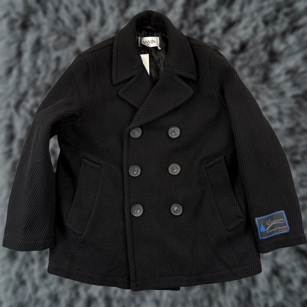 Lanvin VINTAGE Lanvin Signature Patch Jumbo Pea Coat Mens 54 Black Snap Wool Designer Paris NWT Size US L / EU 52-54 / 3 - 1 Thumbnail