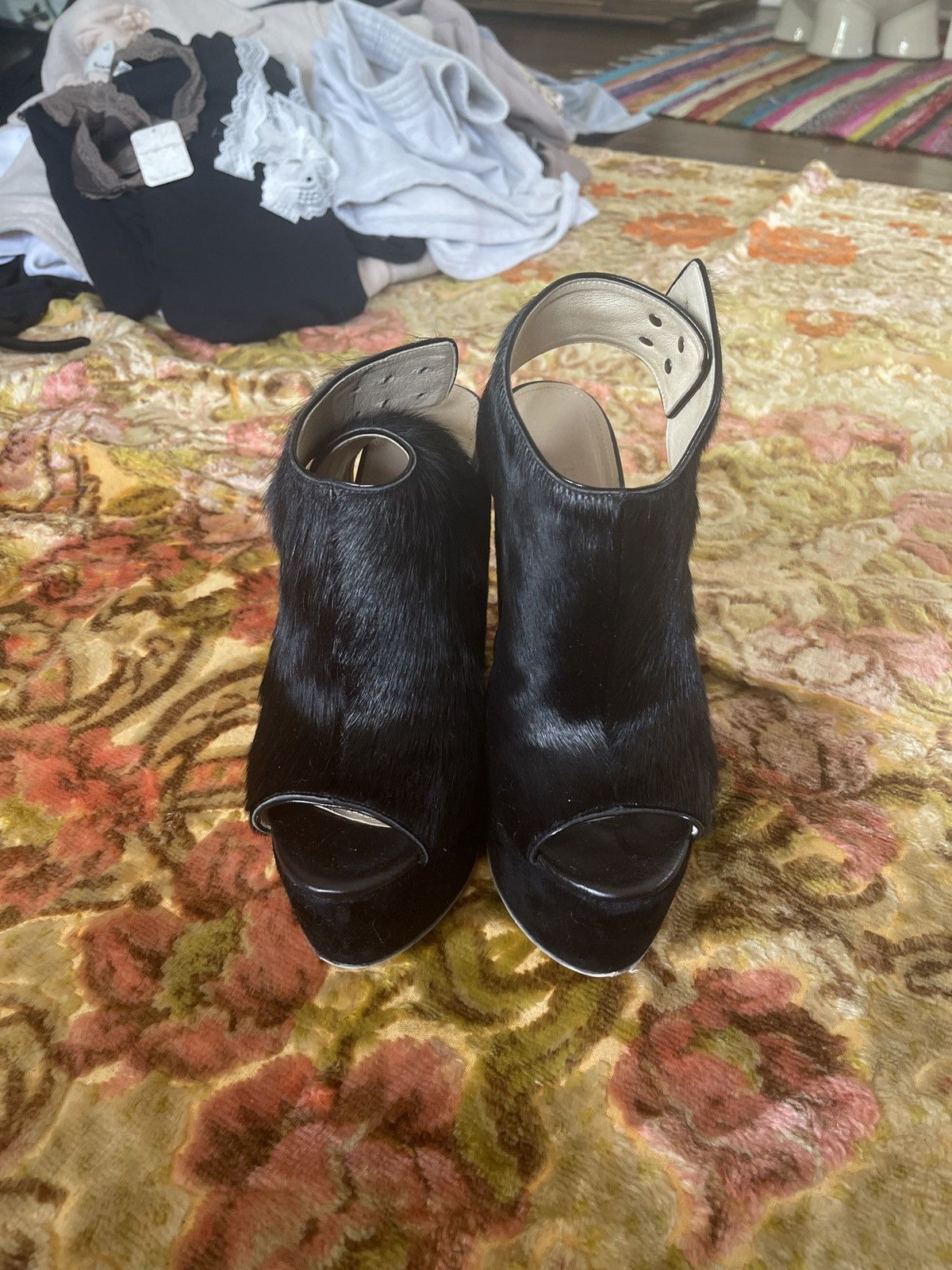 L'AGENCE Peep toe black pony hair wedge platforms Size US 8.5 / IT 38.5 - 3 Thumbnail