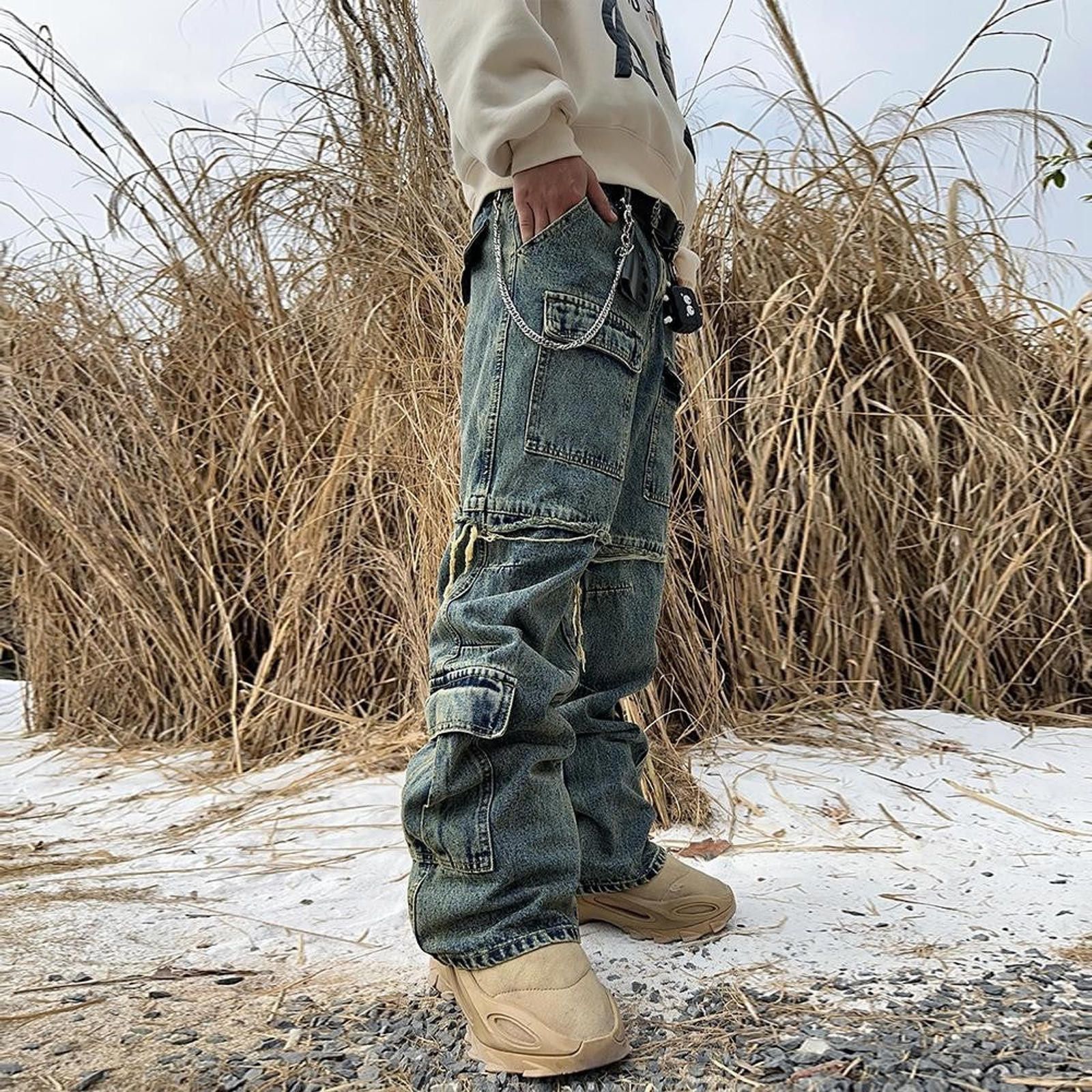 Jean × Vintage Distressed Workwear Jeans – Multi-Pocket, Flared Fit Size US 33 - 3 Thumbnail