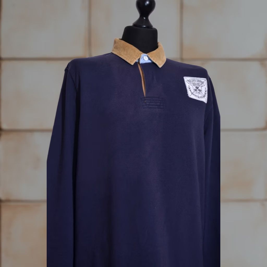Vintage Polo Jeans Co Rugby Jumper Men’s L Navy Blue Corduroy Collar Elbow Patch Vintage Size US L / EU 52-54 / 3 - 1 Thumbnail