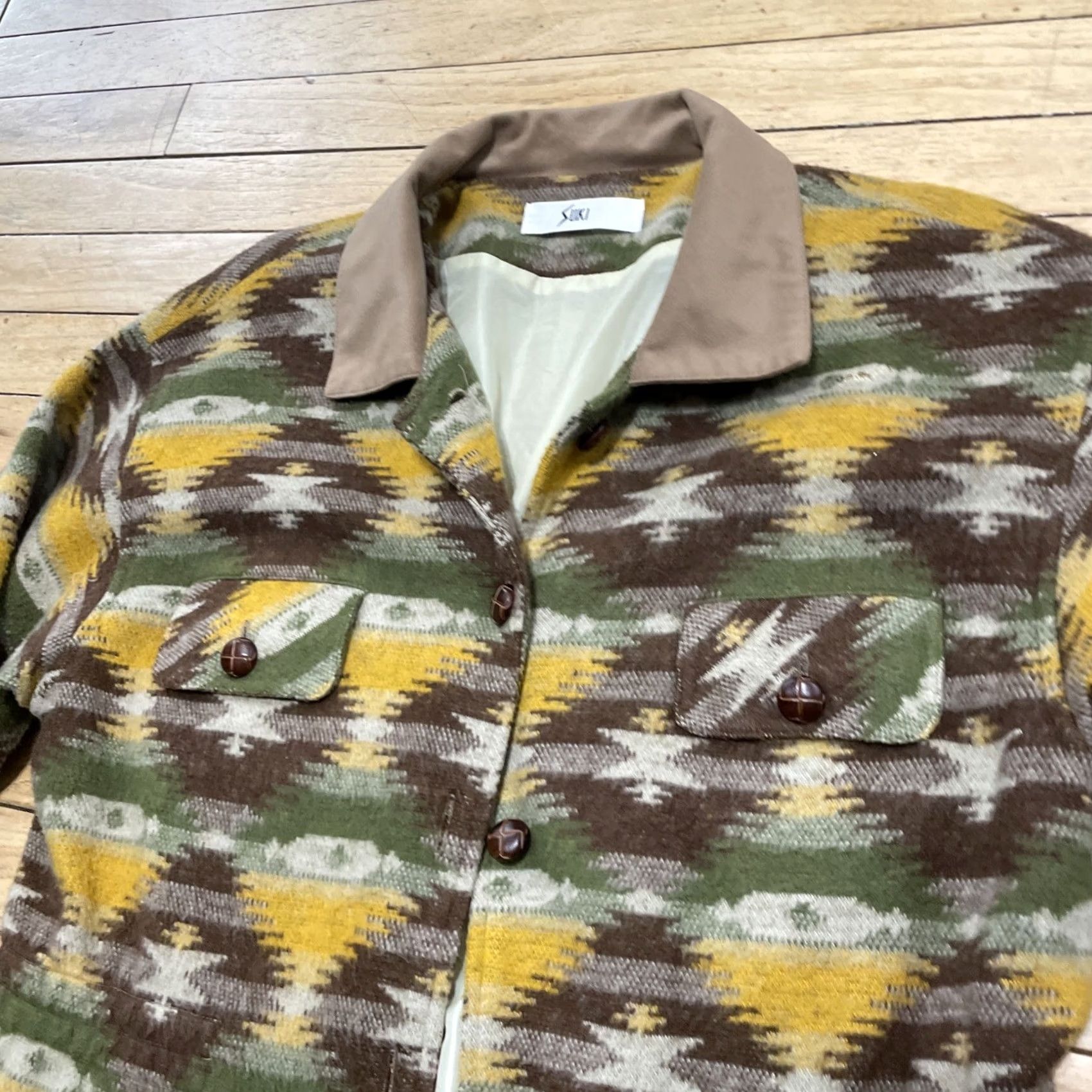 Vintage SUKI Southwestern Jacket Women M Lined Shacket Brown Buttons Green Yellow Hippie Size M / US 6-8 / IT 42-44 - 5 Thumbnail