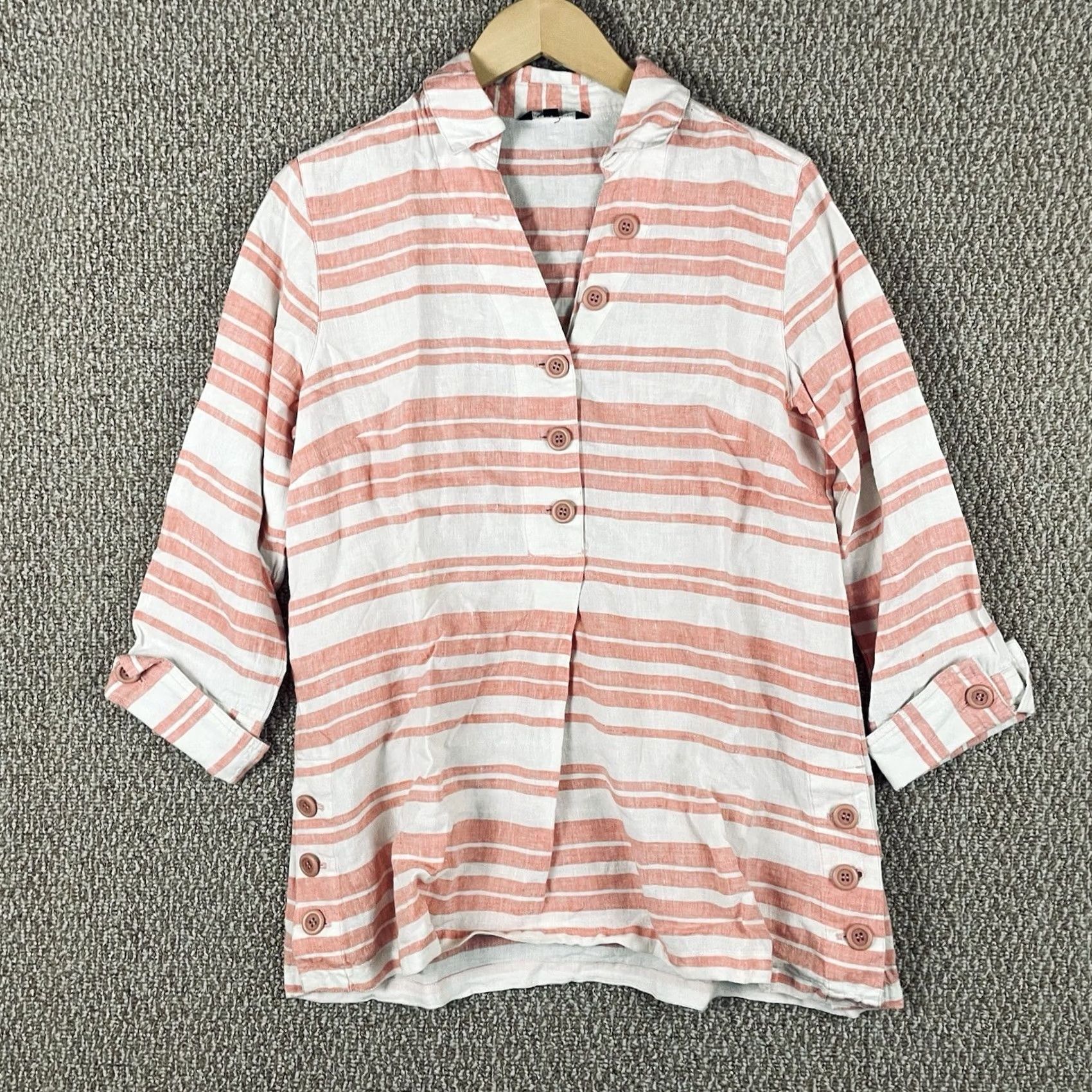 Vintage John Mark Blouse Medium Linen Striped Coral Popover 100% T668 Size M / US 6-8 / IT 42-44 - 2 Thumbnail