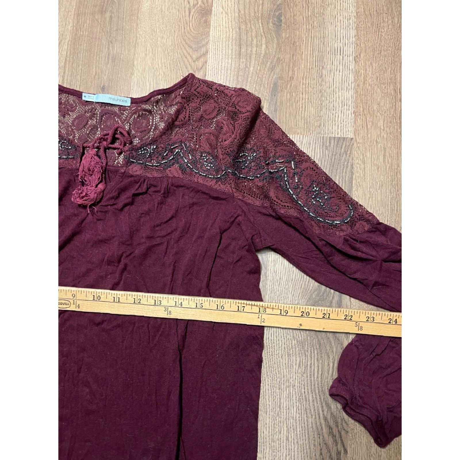 Vintage Maurices Shirt Women's Medium Burgundy Long Sleeve Lace V-neck T-Shirt Casual Fall Spring Summer Womens Size M / US 6-8 / IT 42-44 - 5 Thumbnail