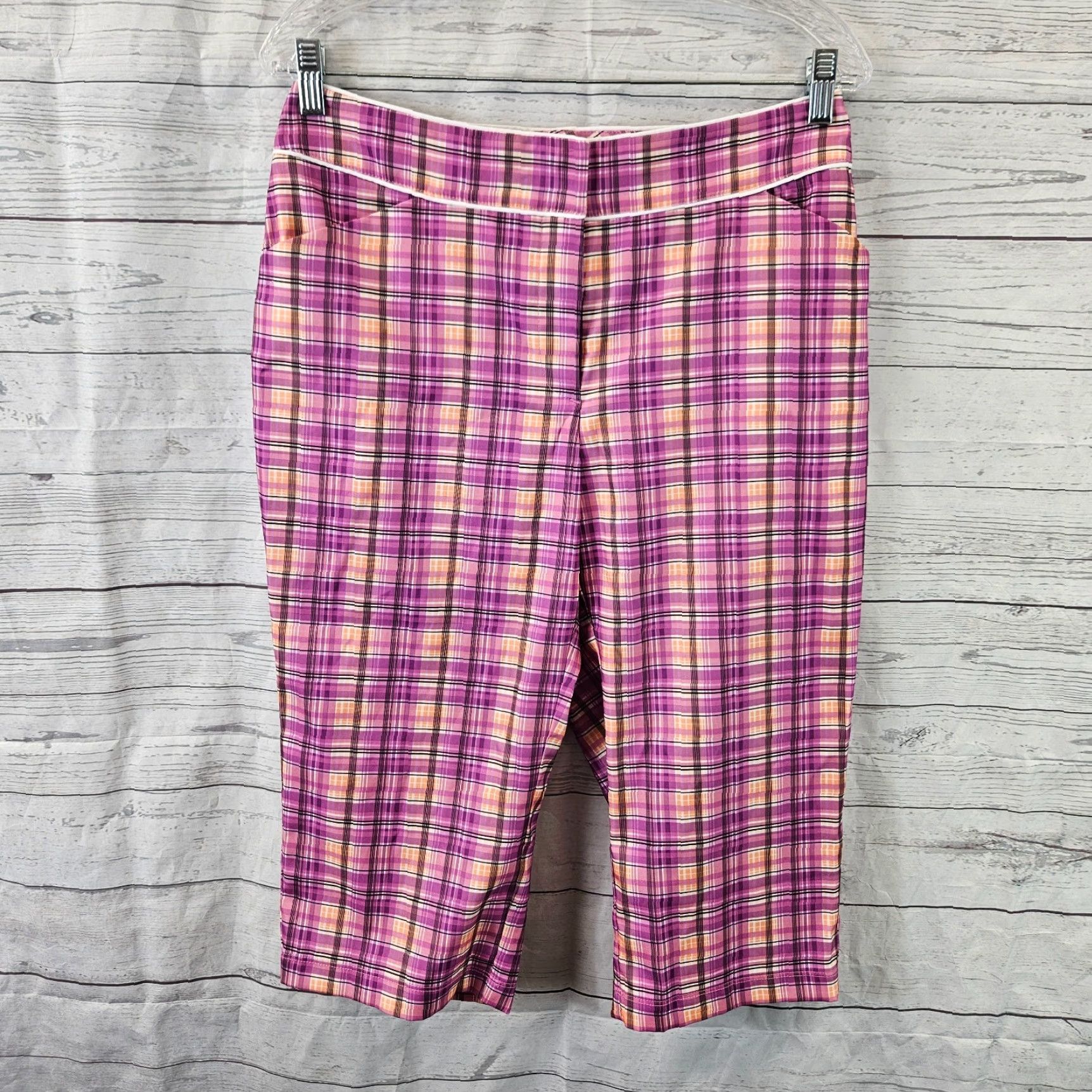 Vintage Tail Women's Capri Pants Sz 10 Plaid High Rise Purple Orange - Polyester, Flat Front, Regular Rise, Tail Brand, 10, Womens, Pants Size 32" / US 10 / IT 46 - 2 Thumbnail