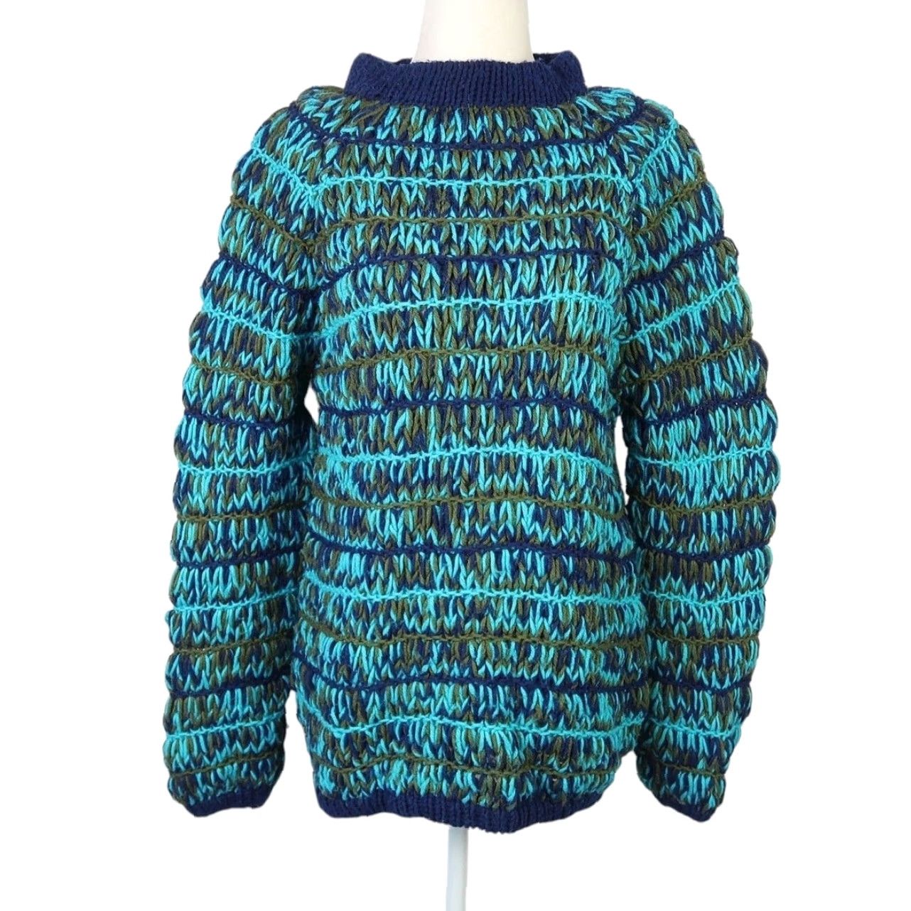 Vintage VINTAGE Sweater Pullover 90s Bohemian Long Sleeve Women L Blue Green Thick Yarn Hand Knit Ac rylic Knit Fall Spring Winter Size L / US 10 / IT 46 - 2 Thumbnail