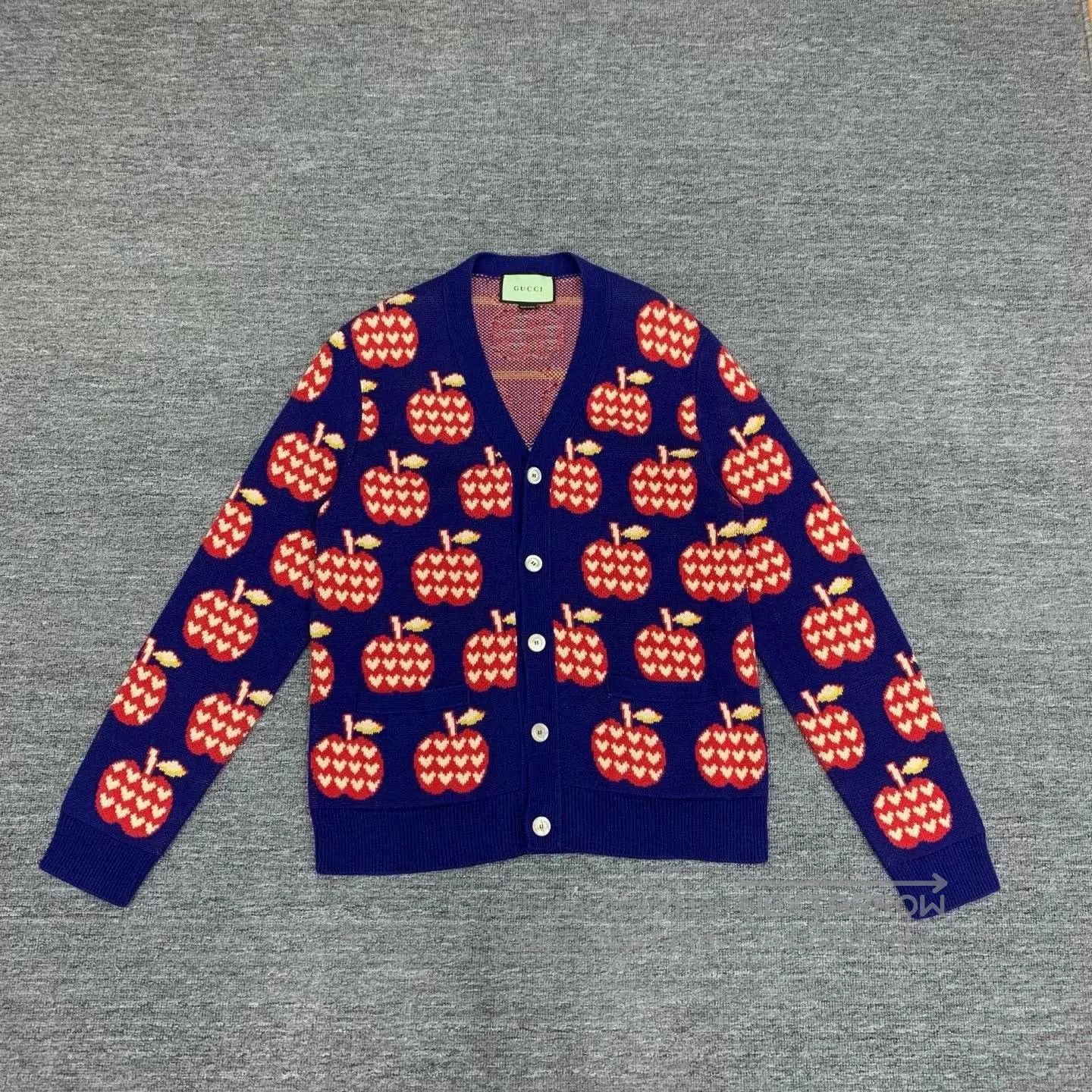 blue apple knit cardigan by gucci.