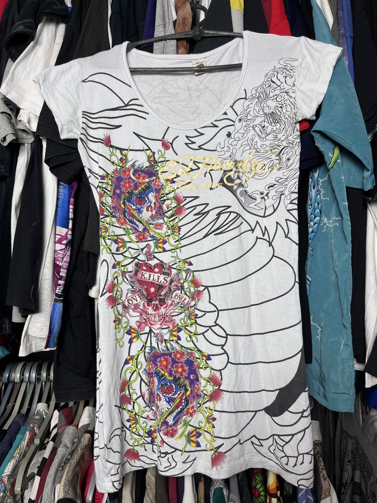 Christian Audigier ED HARDY CHRISTIAN AUDIGIER Y2000K OVERPRINTED DRESS - 1366 Size L / US 10 / IT 46 - 1 Thumbnail