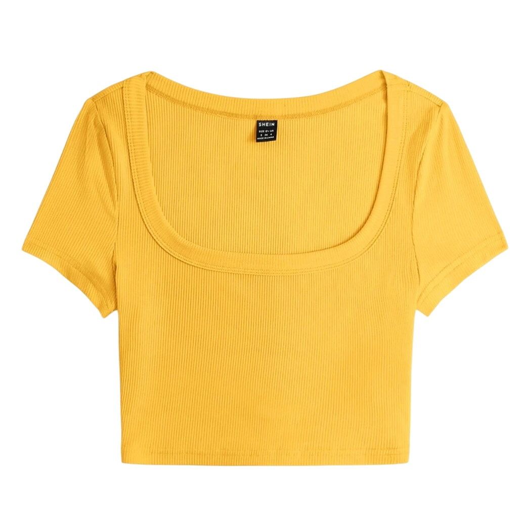 Shein Scoop Neck Ribbed Crop Tee in Yellow, Size S Size S / US 4 / IT 40 - 1 Thumbnail