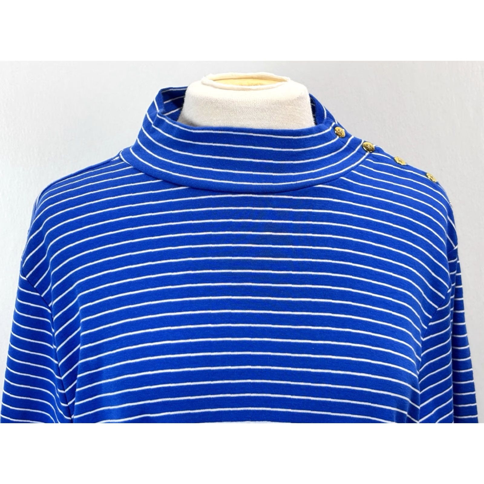 J.Crew VINTAGE J. Crew Mock Turtleneck Shirt 3X Plus Womens Long Sleeve Blue Striped Gold Buttons Casual Autumn Winter Spring Size XXL / US 16-18 / IT 52-54 - 5 Thumbnail