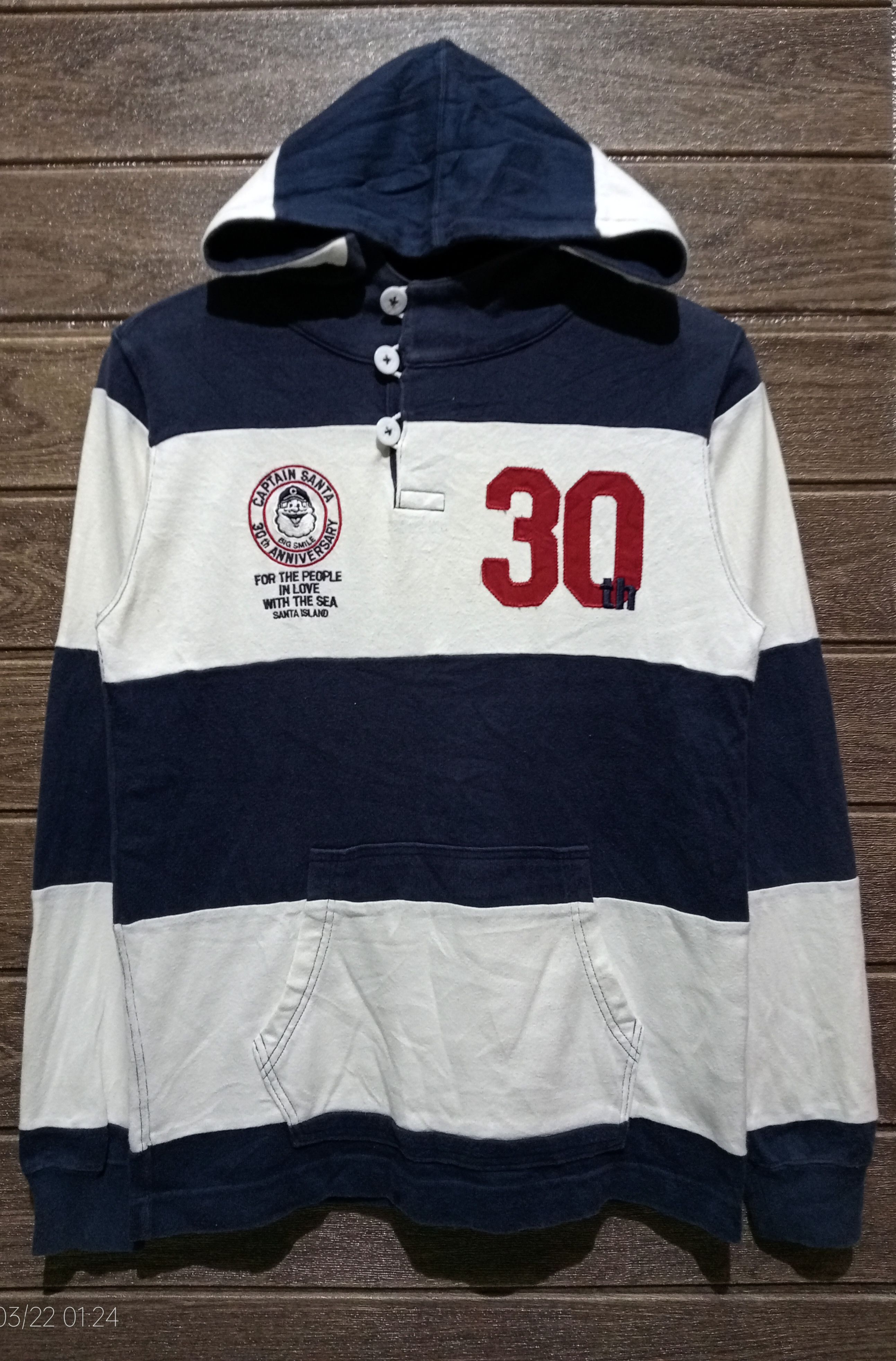 image of Captain Santa 30Th Anniversary Stripe Hoodie Made In Japan in Blue White, Men's (Size Small)