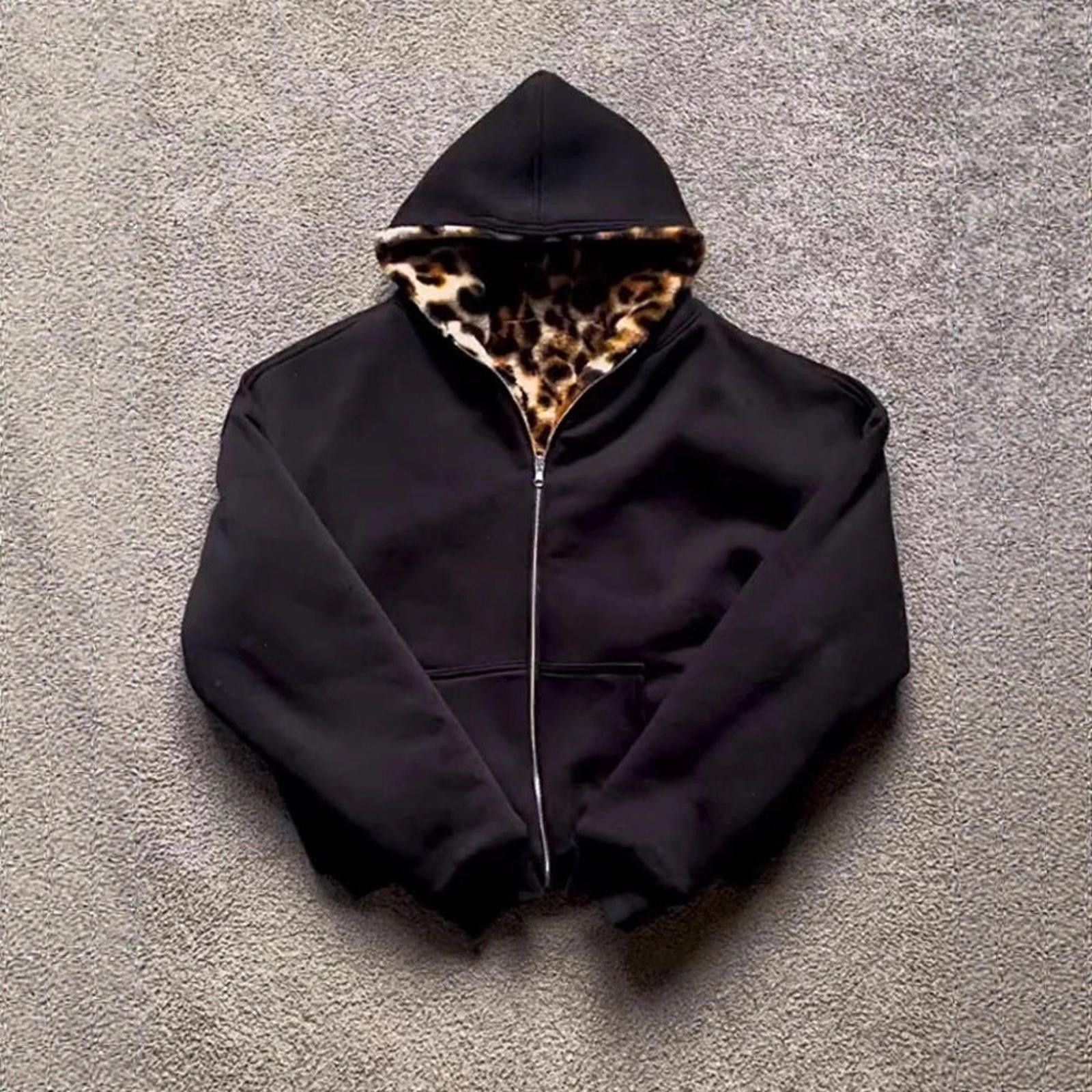Japanese Brand Black Zip-Up Hoodie with Leopard Print Faux Fur Lining Size US M / EU 48-50 / 2 - 4 Thumbnail