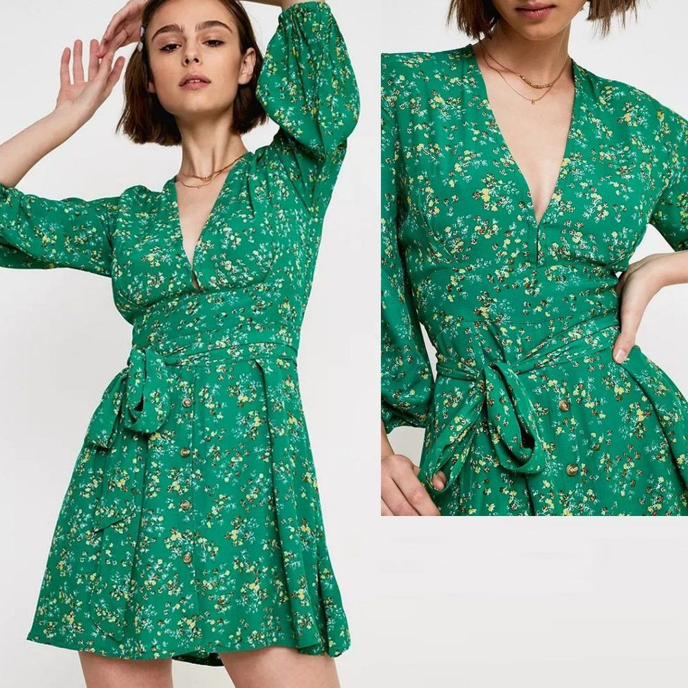 FAITHFULL Faithfull The Brand Margo Green Floral Mini Dress Size S Size S / US 4 / IT 40 - 2 Thumbnail