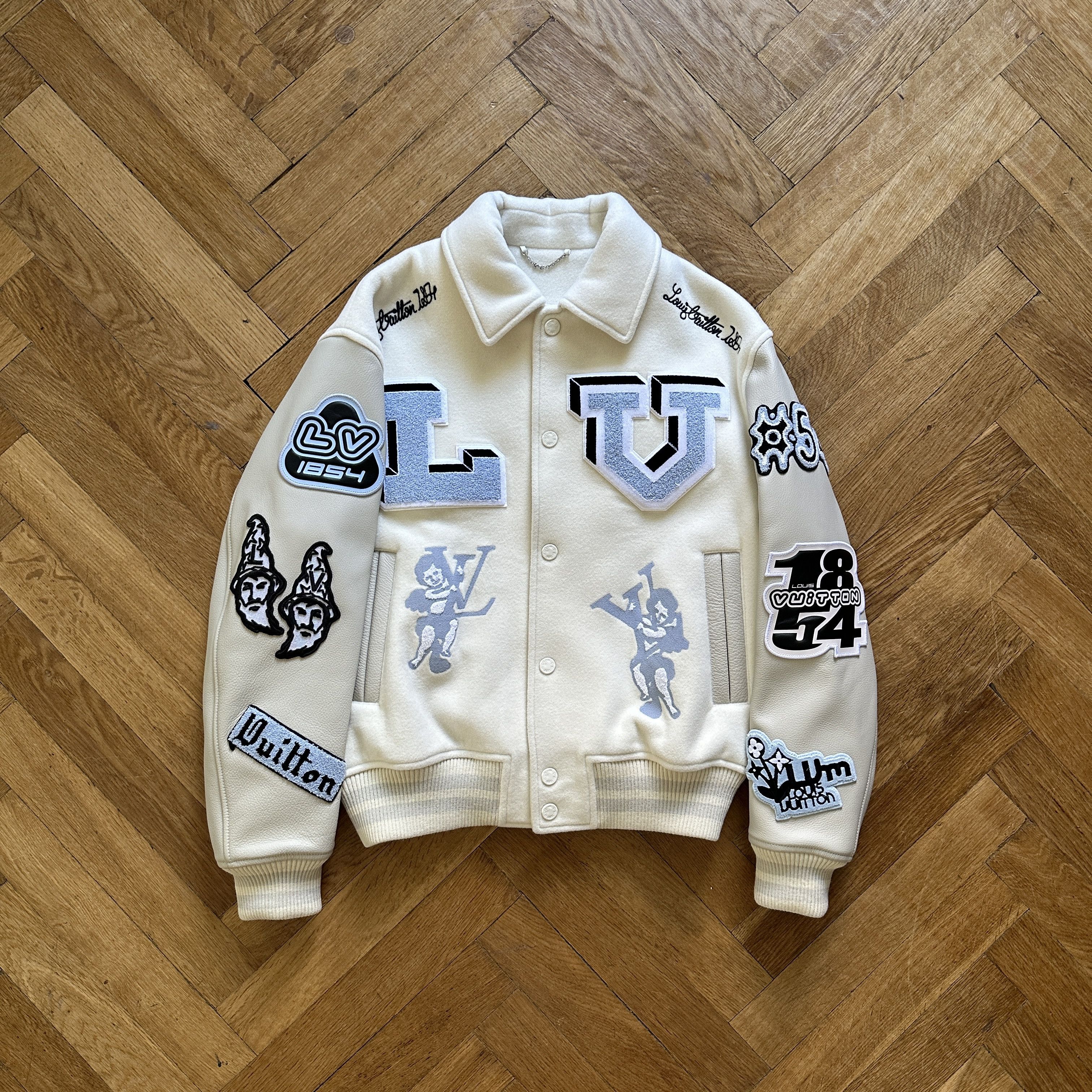 image of Louis Vuitton Fw22 Cream Patched Bunny Varsity Jacket in White, Men's (Size Medium)