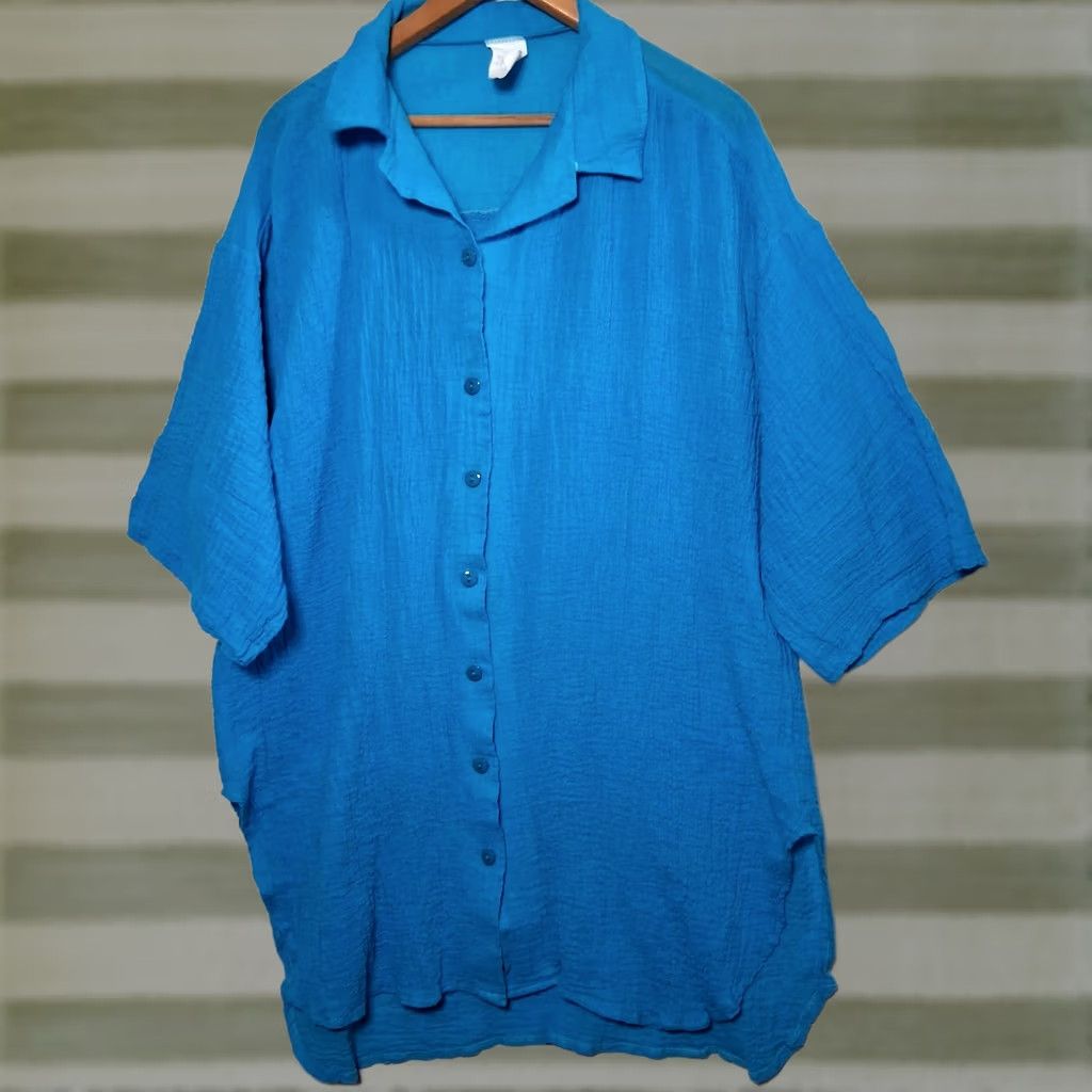 Vintage VINTAGE Loom Wear Shirt 3X Plus Size Turquoise Guaze Cotton Button Up Short Slv Women Blouse USA Made Size XXL / US 16-18 / IT 52-54 - 1 Thumbnail
