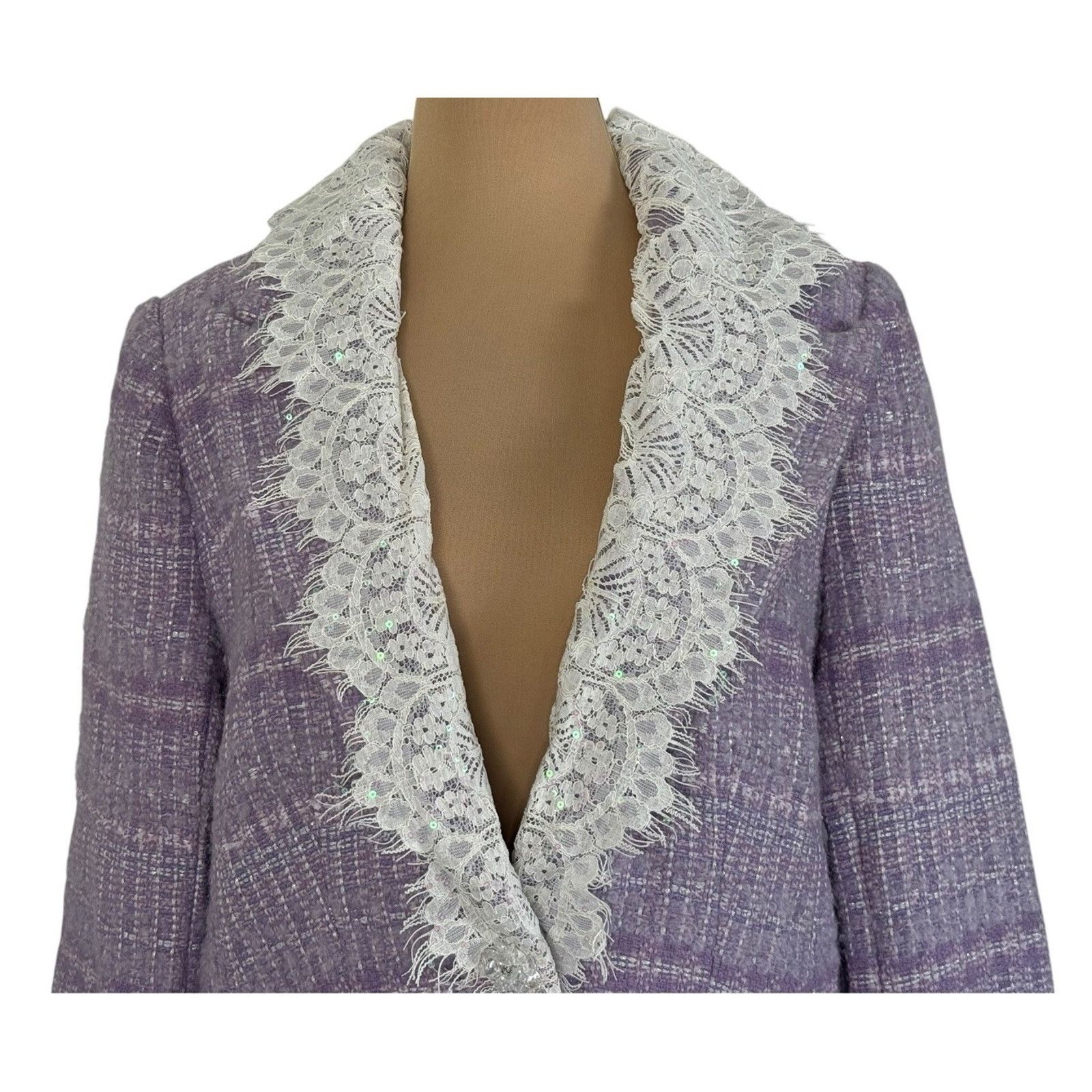 Other MARIE ELIE Lavender Tweed Wool Lace Designer Blazer Metallic Size L / US 10 / IT 46 - 4 Thumbnail