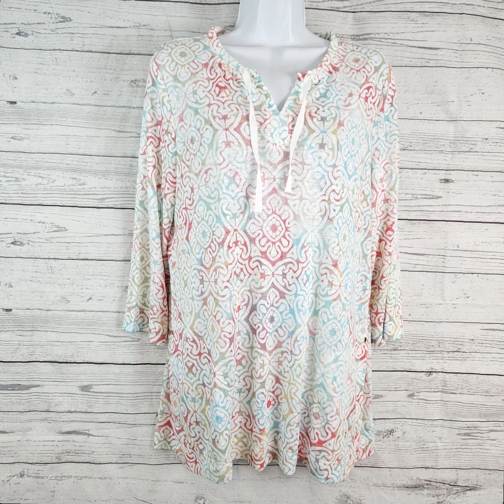 Vintage Chico's Weekends Womens Blouse Shirt 3/4 Sleeve Pink Blue Rayon Blend Medium Adult Womens Size M / US 6-8 / IT 42-44 - 2 Thumbnail