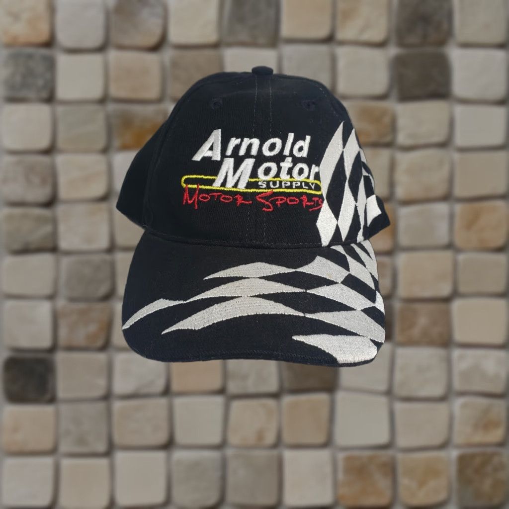 Vintage Arnold Motor Supply Racing Hat Cap Black Checkered Adult Mens Strapback Size ONE SIZE - 1 Thumbnail